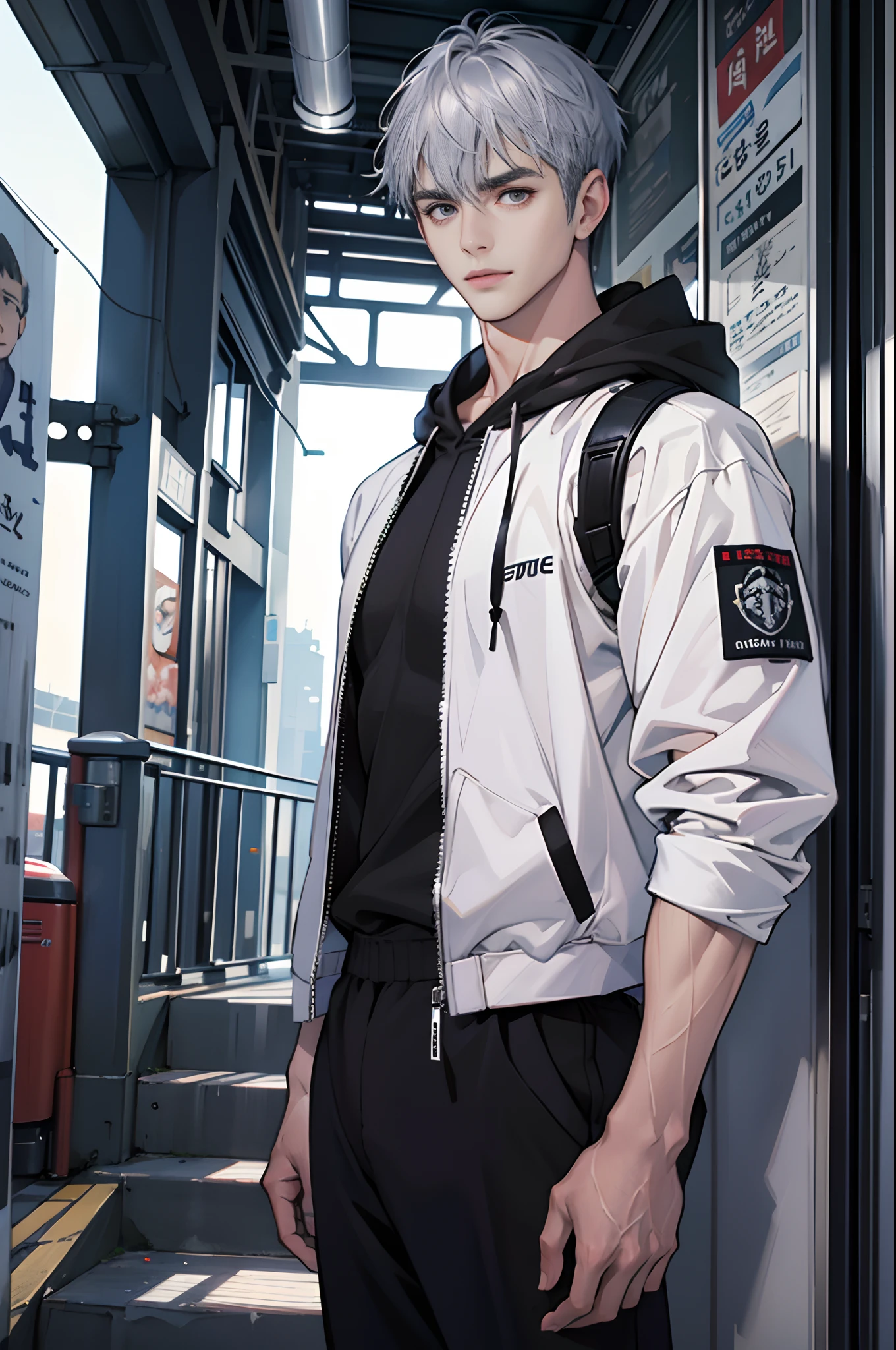 （tmasterpiece，超高分辨率，16k UHD，high qulity），low tune，commute，ads，tvp，standing on your feet，looking at viewert，hoody，Tall，Masculine face shape，Handsome and tall male model，tmasterpiece，In the station，sitted，（Blue-gray hair），Black eyes，Turn to the back，ssmile，Seoul，（small heads），Precise ???????，Precise hand structure，light colored costume，Black coat，White top，Unity 16K wallpaper，concept-art，One guy，8K eyes，stop，staircase，Fashion advertising，（（（Mature male））），（extra very short hair），track pants，（photorealiscic face：1.8），broad shoulder，slips，（full bodyesbian：1.6），Male 18，