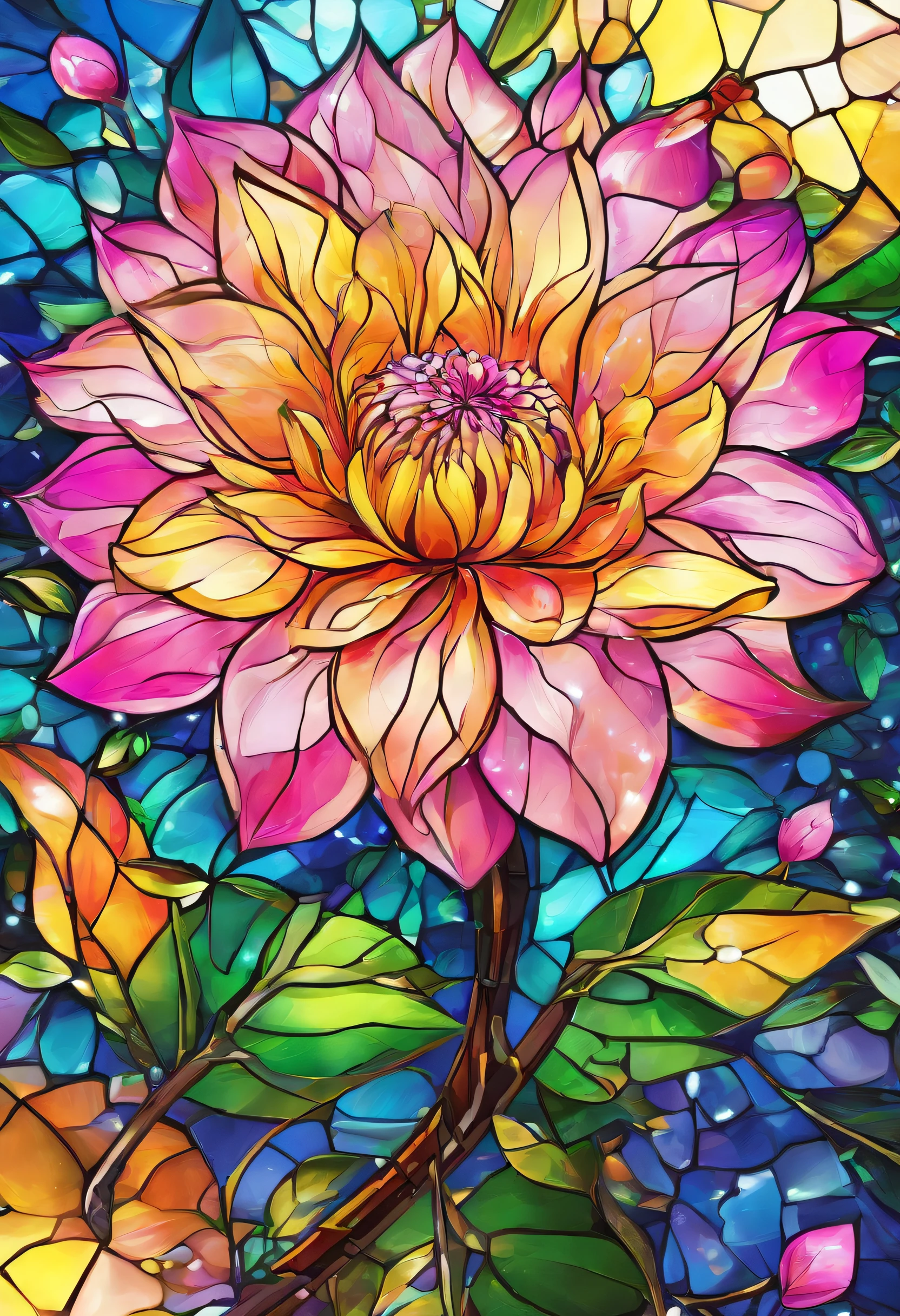 Digital art detailed for the best masterpieces, Highest Quality, with sparkling delicate yellow and pink dahlia flowers with elegant leaves,、Flowers against the background of colorful diamonds, Graceful stems, And delicate, And elegant, flowey, Glittering petals, flowercore, surrounded flower, Radiant magic representing flowers, Beautiful animations, 16k race bright flowers, Beautiful Art U Hard Disk 4k, Detailed Painting in 4K, Beautiful flowers and crystals, Luminous flowers, huge flower, light bloom, full bloom, Glowing flowers with bloom ether effect, Magic colorful flowers with flower pieces in the middle of the garden, floral environment, Beautiful Art U Hard Disk 4k, magical flowers, Flower explosion, Beautiful digital painting detailed in emergency digital photography, Detailed Painting in 4K, background artwork, Flower explosion, Floral flower color, highly-detailed digital painting, Appeared in 4K, Best Quality, hight resolution, 1080p, hard disk, 4K, 8K