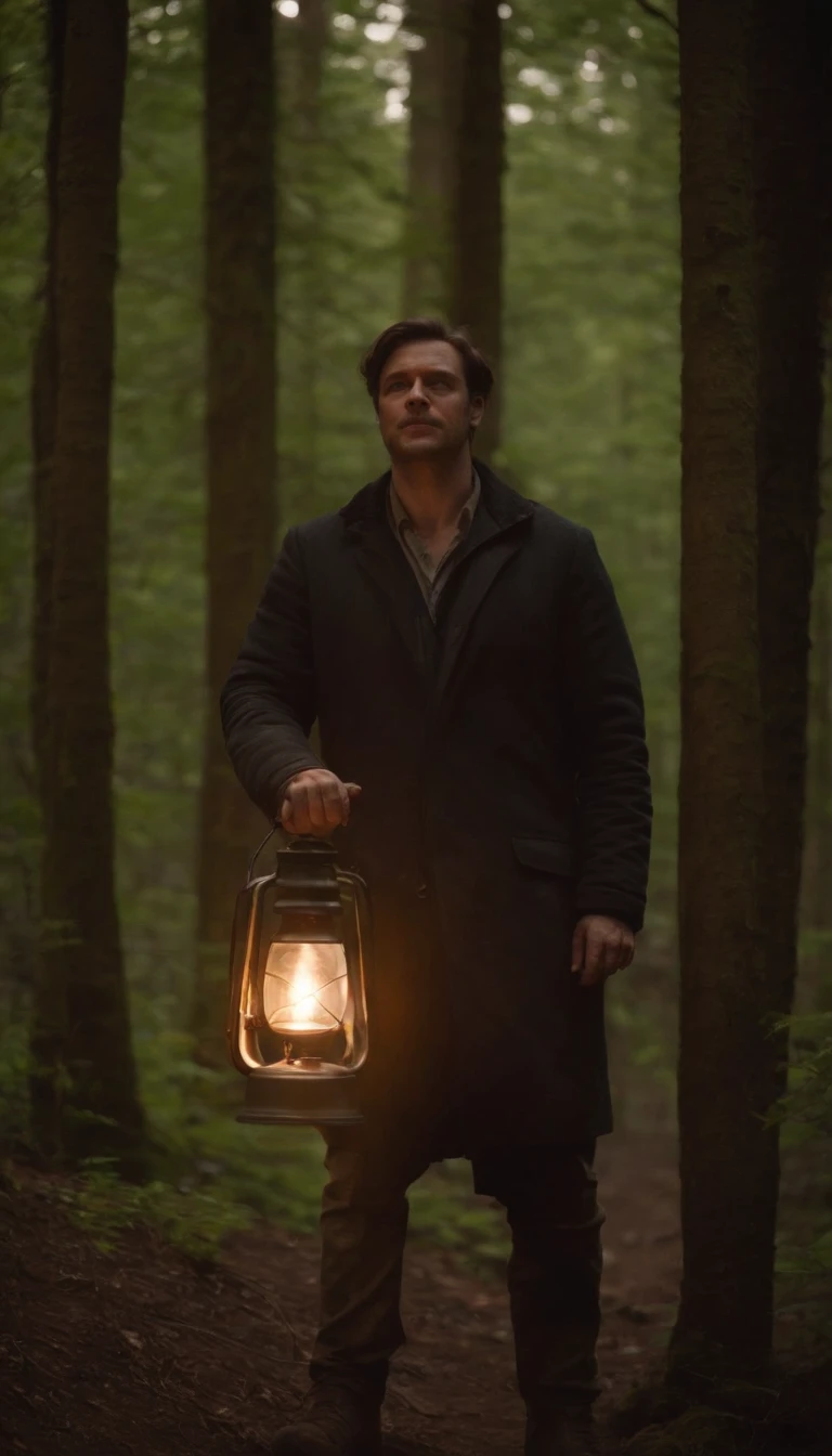 plusieur homme avec une lampe torche a coter de son campement, il est dans une foret tres sombre, la lumiere ne traverse pas le feuillage