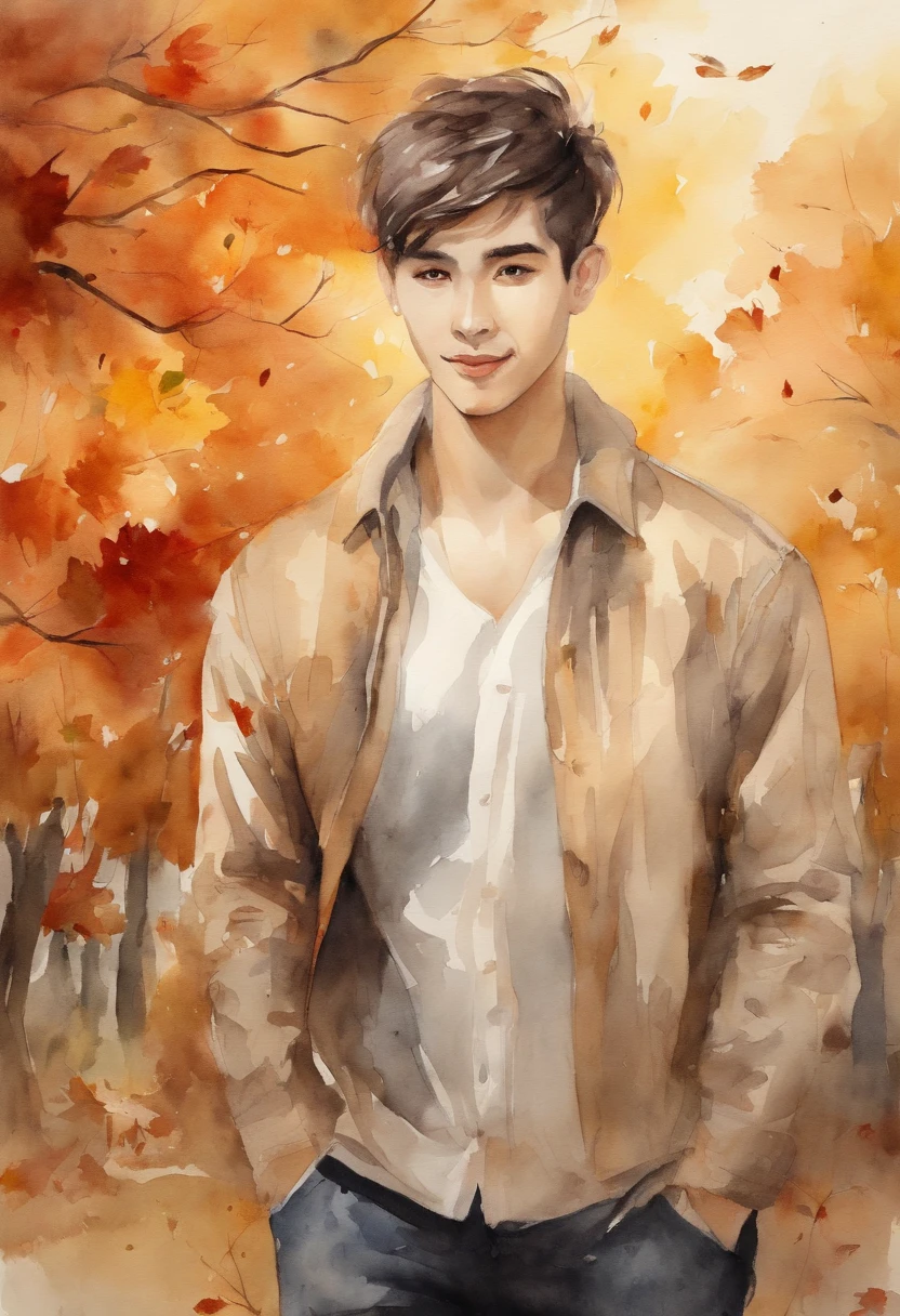 (((masterpiece))),best quality, autumn scenery, 1man, warm color, short hair, smile, calm expression, anime style