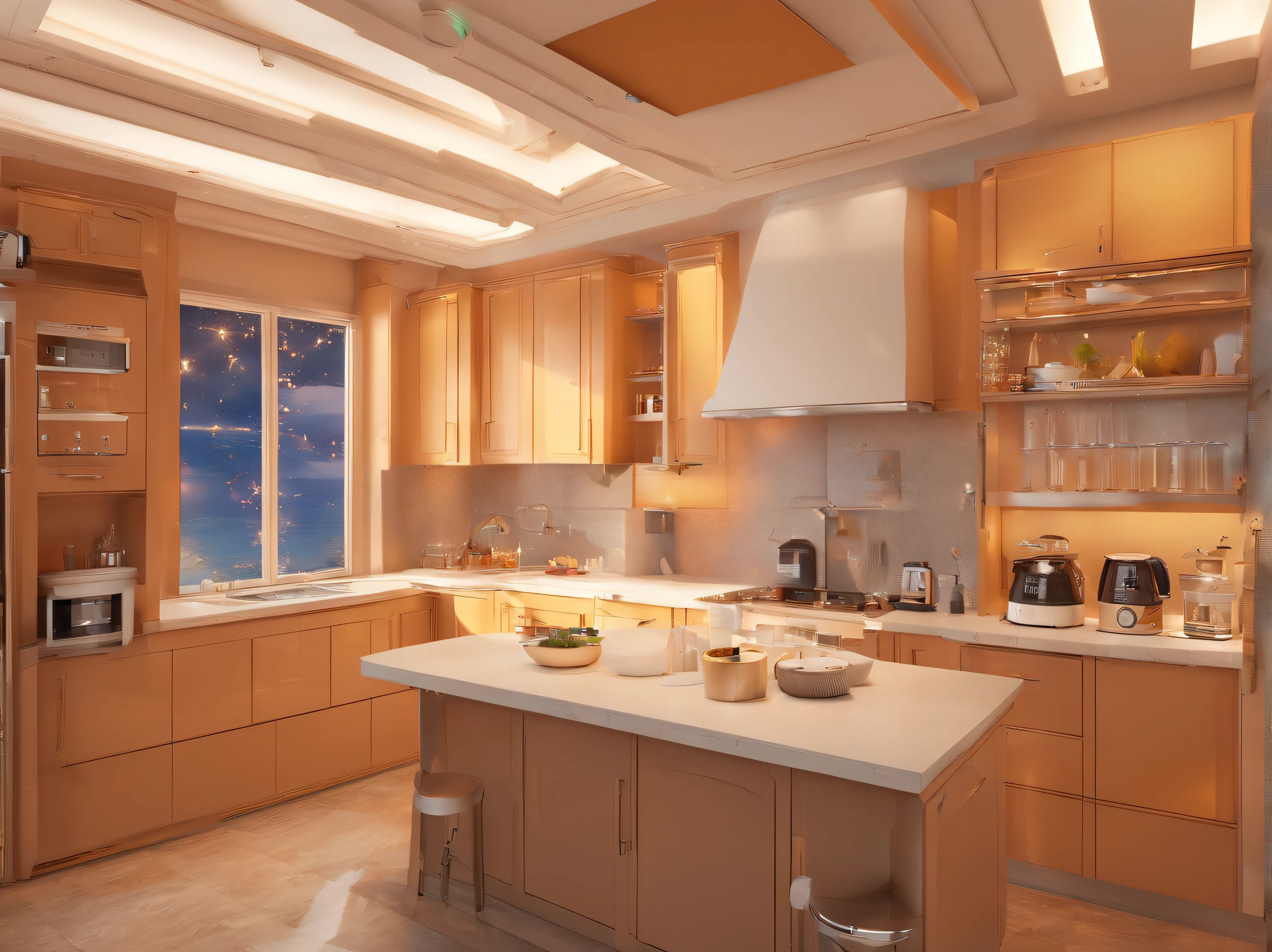 Background with:(space,sea of stars)IvoryGoldAI:coffee machines,rice cooker,Electric kettle,Computer),mistic,Strong sense of technology,The details of the device are clear and complete,The composition is detailed,