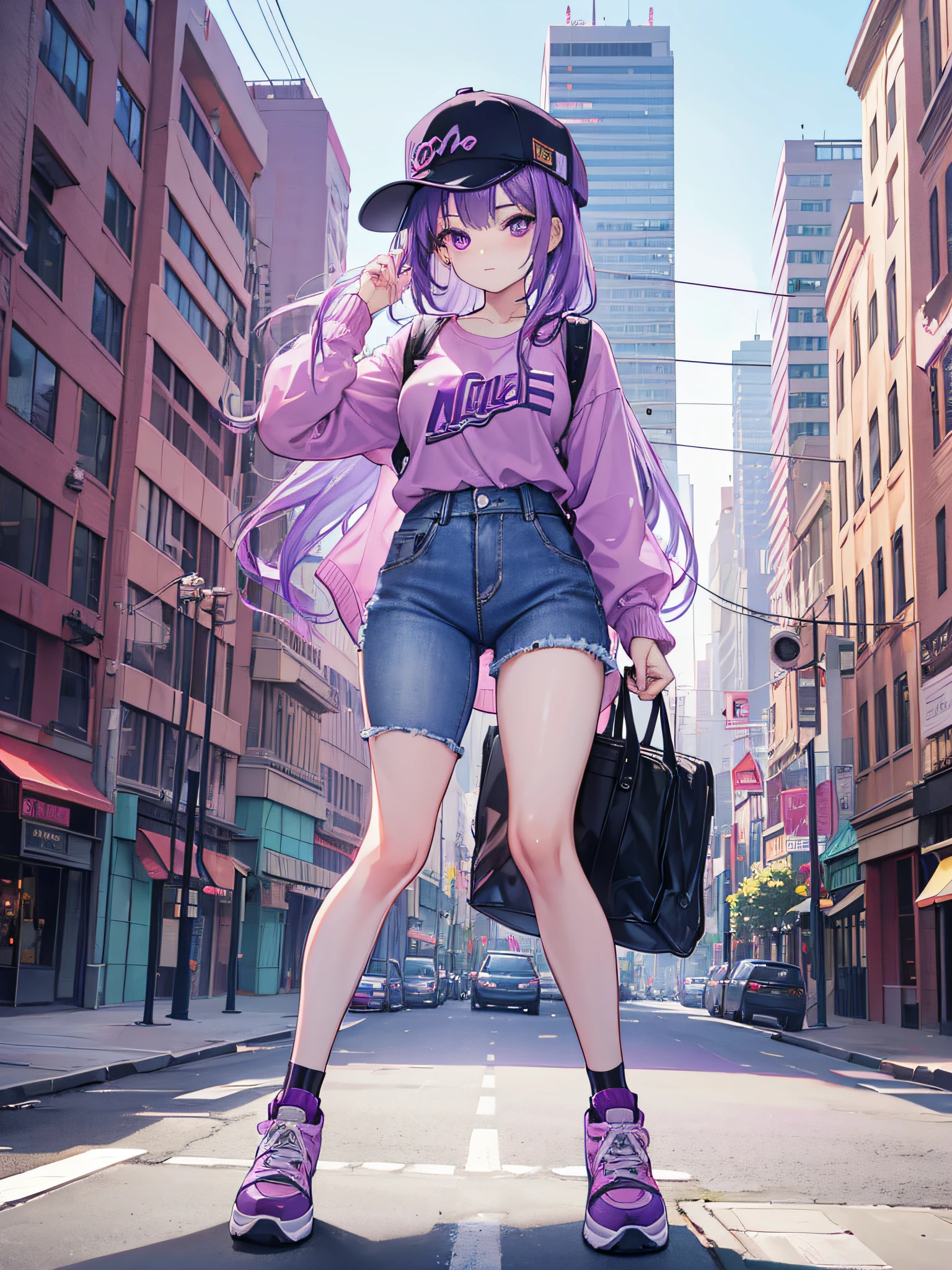 1 girl purple hair, purple eyes, pink blouse, open denim jeans, sneakers, hat, city, absurdres, high res, ultrasharp, 8K, masterpiece, looking at viewer