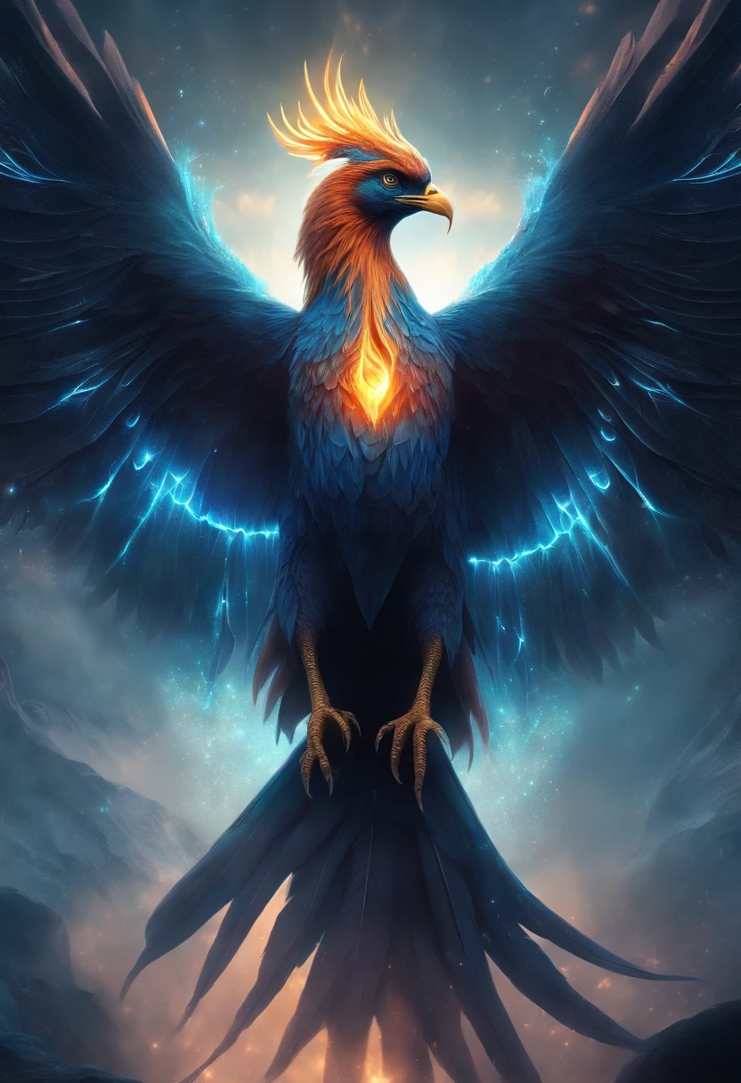 Cosmic Frozen Phoenix, glowing light eyes, Biomechanical, eerie, Creepy, nightmarish, Very bright colors, Light particles, with light glowing, Mshiff, wallpaper art, UHD wallpaper