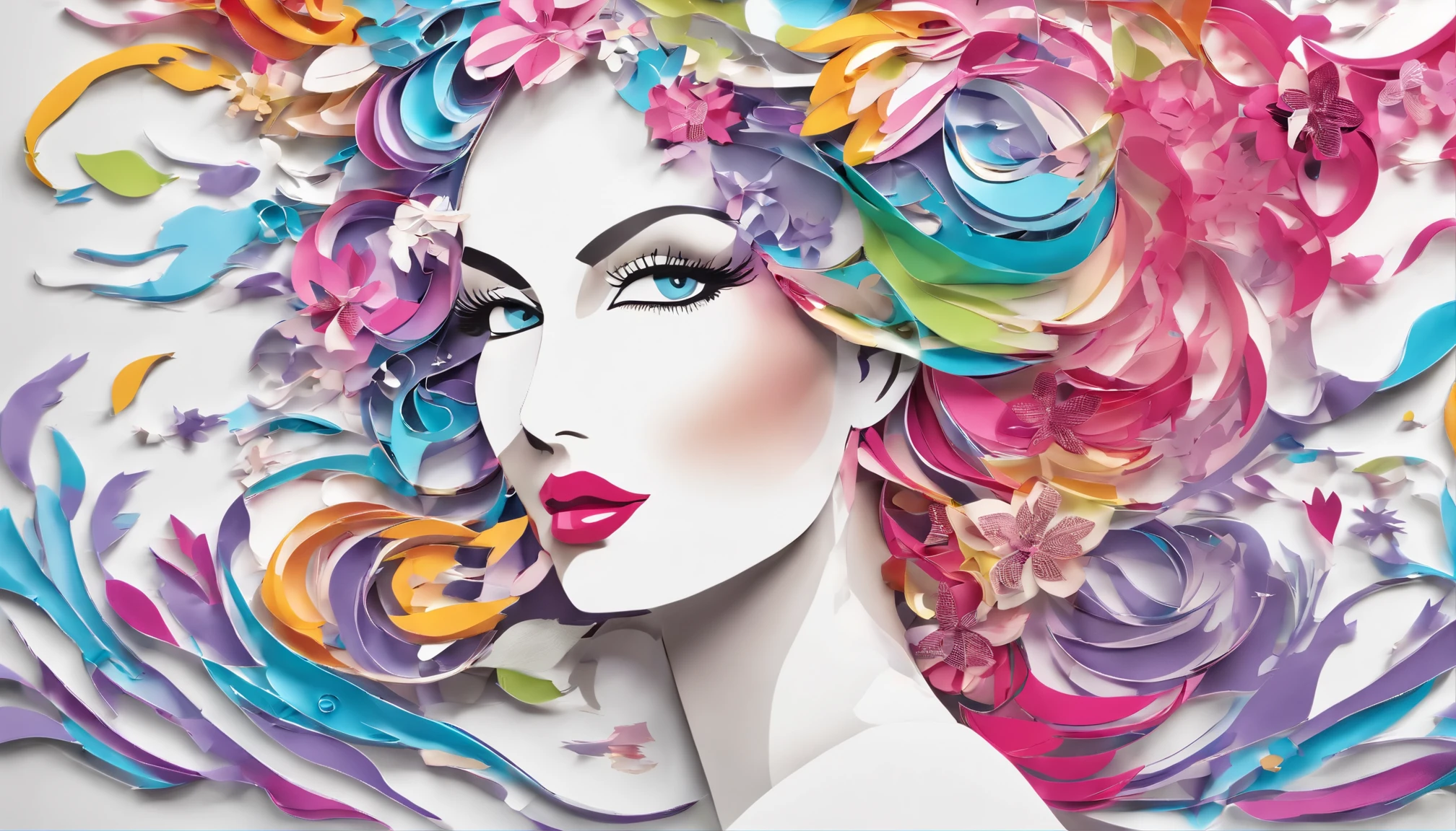 (Masterpiece, Best Quality, High Resolution), White Background, ((Paint Splash, Color Splash, Splash of Ink, Color Splash)), Sweet Chinese Girl, Rainbow Hair, Pink Lips, Front, Upper Body