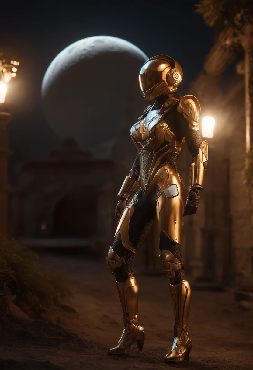 (full body, (dynamic pose), action pose), (rim lighting, studio lighting, distant moon light, night, bloom), (cinematic, best quality, masterpiece, ultra HD textures, highly detailed, hyper realistic, intricate detail, 8k, photorealistic, concept art, matte painting, autodesk maya, vray render, ray tracing, hdr), (dslr, full frame, 16mm focal length, f/8 aperture, dynamic perspective, dynamic angle, golden ratio, wide photography, wide field of view, deep depth of field, zoom out) techwear, urbansamurai 3d, realistic cyborg in a cyberhelmet head