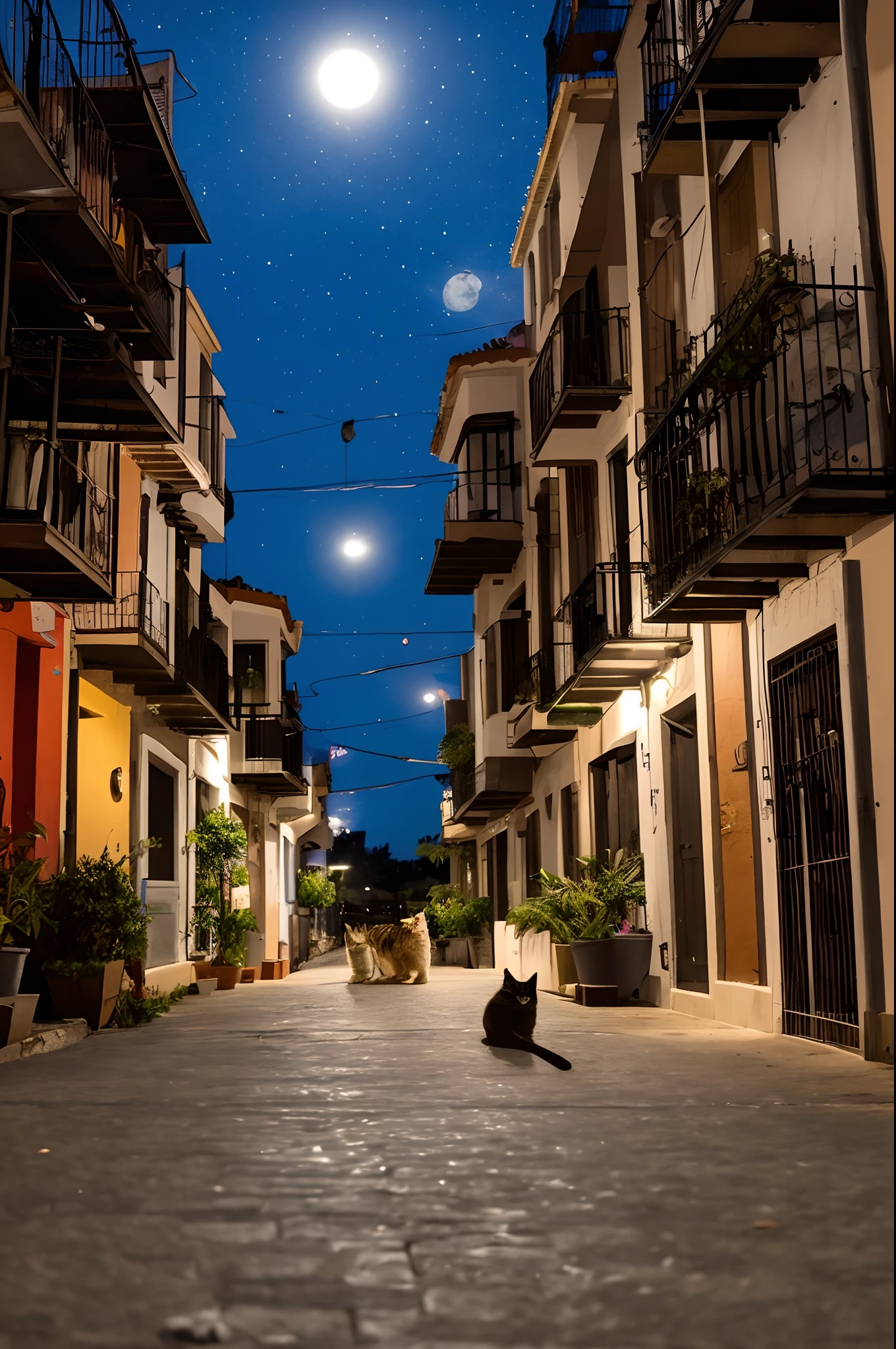 Noche de gatos en una calle de ciudad moderna