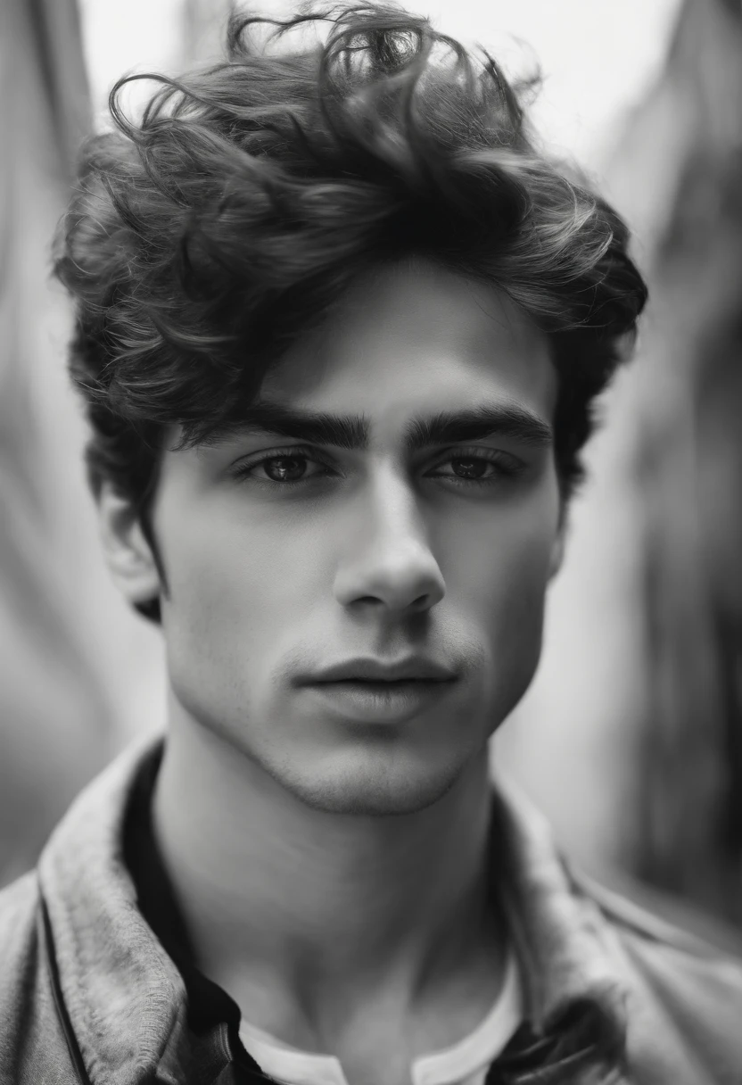 front face of a young man looking down, black and white hyper realistic image