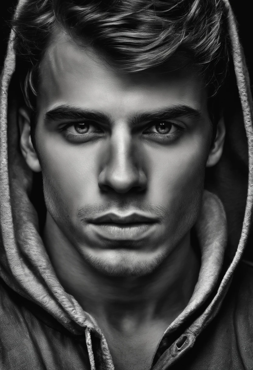 front face of a young man looking down, black and white hyper realistic image