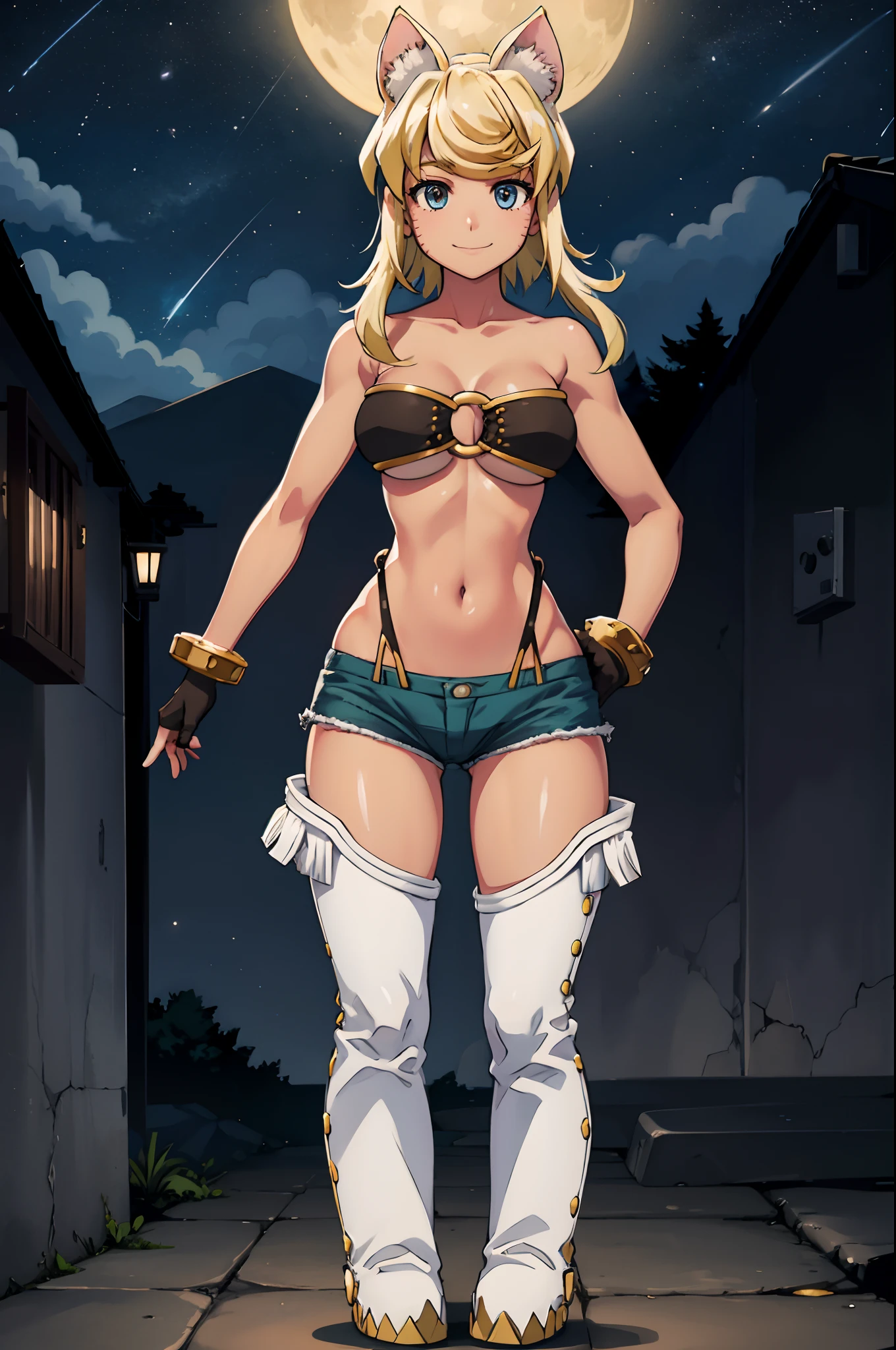 liru, 1girl, beltbra, shorts, denim_shorts, denim, thighhighs, underboob, breasts, gloves, night, hands_on_hips, sky, furry, short_shorts, navel, midriff, fingerless_gloves, from_below, night_sky, smile, grey_shorts, star_(sky), moon, cutoffs, outdoors, boots, thigh_boots, underwear, panties, starry_sky, blue_shorts, body_fur, standing, full body