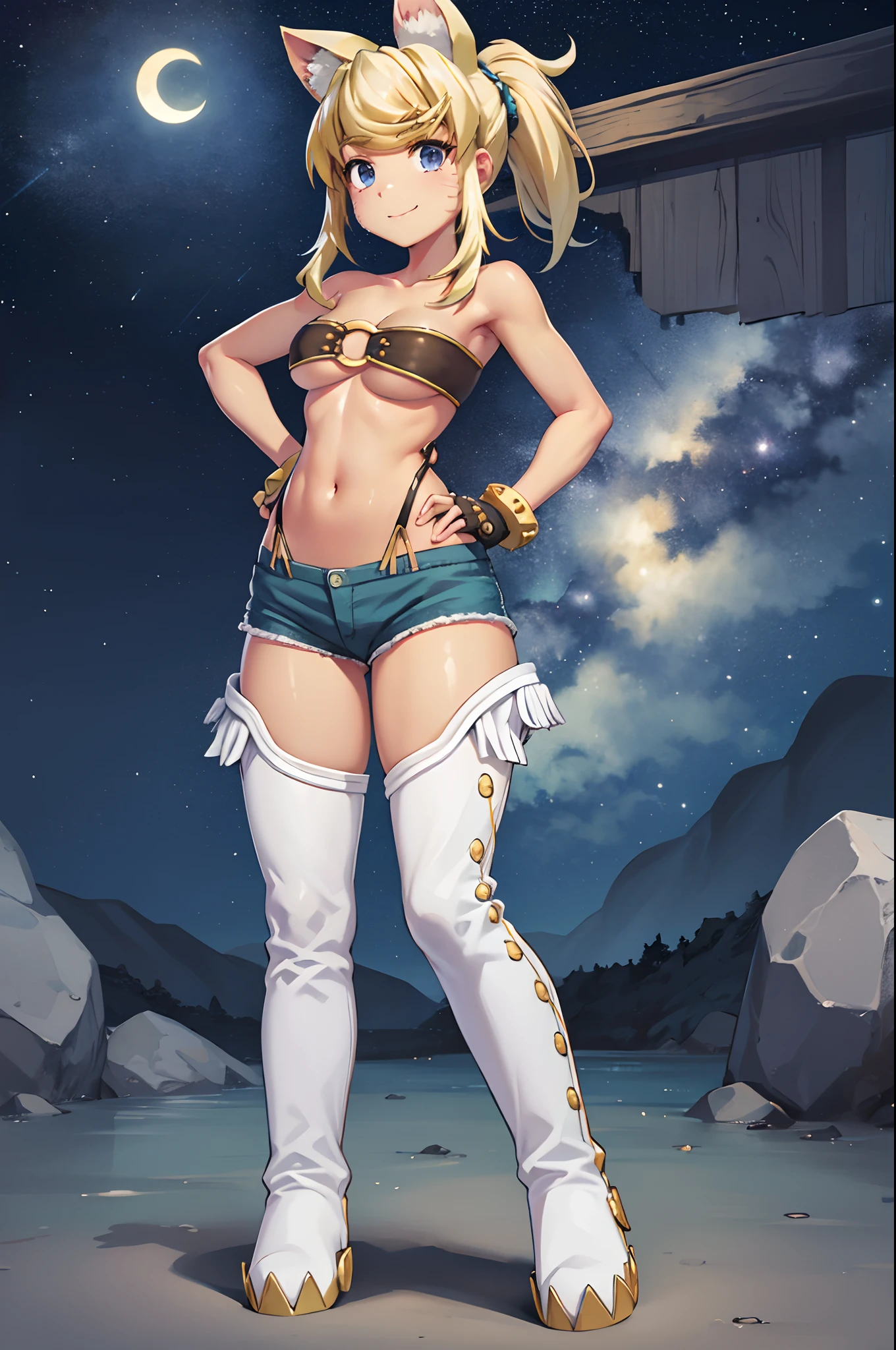 liru, 1girl, beltbra, shorts, denim_shorts, denim, thighhighs, underboob, breasts, gloves, night, hands_on_hips, sky, furry, short_shorts, navel, midriff, fingerless_gloves, from_below, night_sky, smile, grey_shorts, star_(sky), moon, cutoffs, outdoors, boots, thigh_boots, underwear, panties, starry_sky, blue_shorts, body_fur, standing, full body