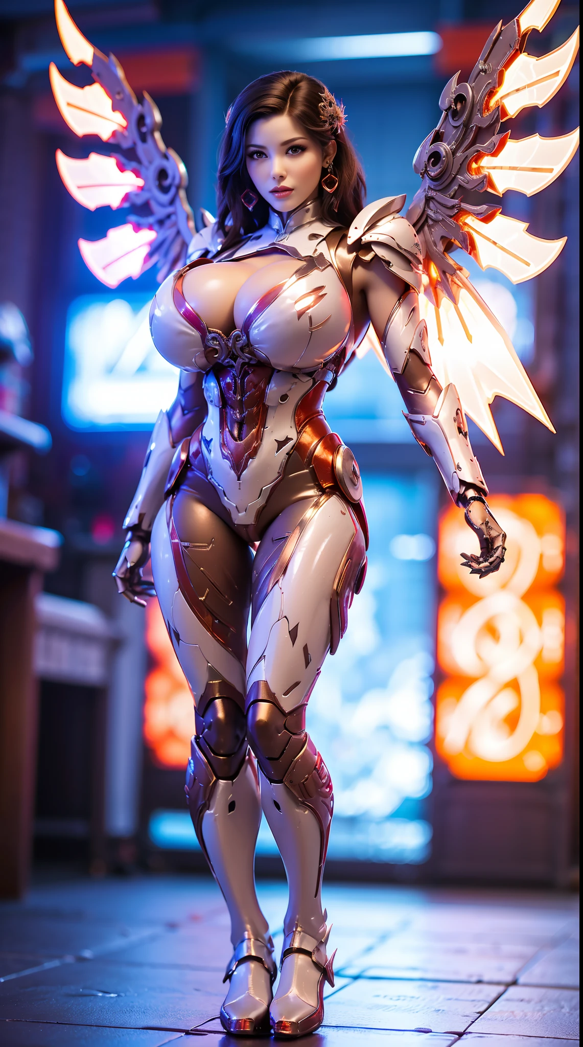 HUGE FAKE BOOBS, (BEAUTIFUL RED, WHITE), FUTURISTIC PHOENIX ARMOR GEAR, FUTURISTIC MECHA SUIT, (CLEAVAGE), ((LARGEST MECHANICAL PEACOCK WINGS)), (TALL LEGS), FRONT, (STANDING), SEXY BODY, MUSCLE ABS, UHD, 8K, 1080P.