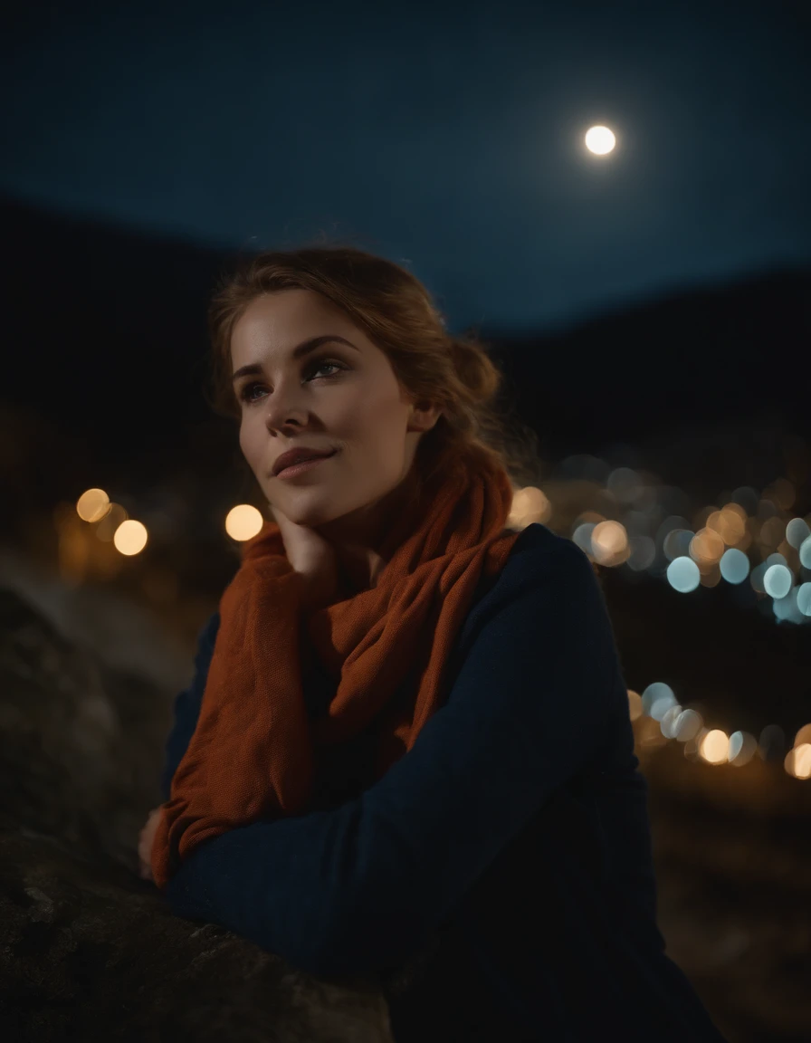 1fille, SXFRANCES, Cheveux courts, cheveux orange, Yeux verts, Rousseur, sourire, salopette rouge, chemise bleue, Sleeve rolled up, montagne, lune, (Nuit:1.5), Regarder le spectateur