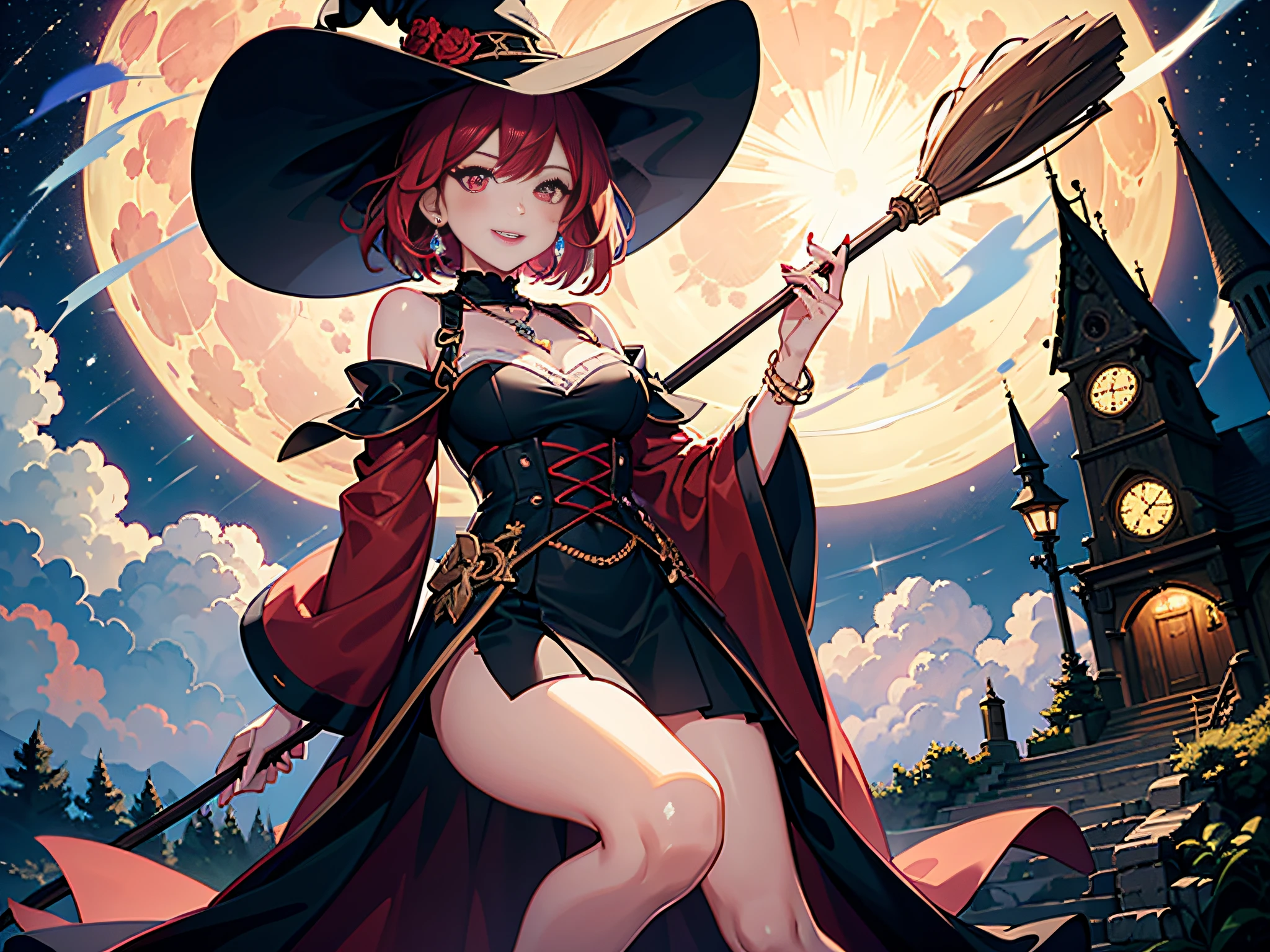 in 8K、top-quality、masterpiece、ultra-detailliert、Ultra-high resolution、Anime style、One Witch、witch's hat、Take to the sky with a big broom、natta、fullmoon、a short bob、makeup、eyeshadows、red lipsticks、a necklace、A bracelet、anklets、manicure、Red high heels、Red face、Smile bewitchingly