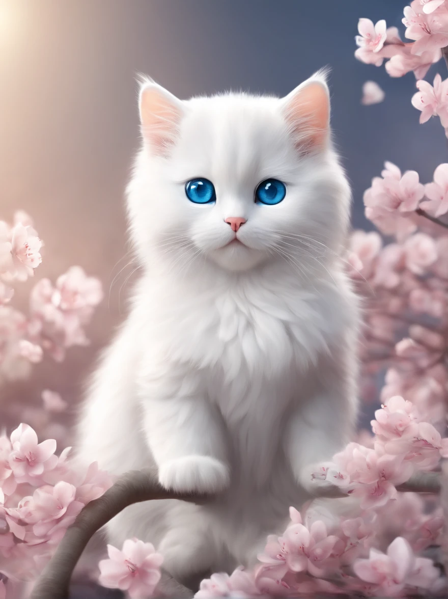 Cute little surreal pure white cat, blue eyes, chibi, adorable super fluffy, logo design, comic, cinematic lighting effects, attractive 3D vector art, Cute and quirky fantasy art, bokeh, hand painted, digital painting, illuminated by soft, Isometric style, 4K, photorealistic rendering, highly detailed clean, vector images, a photorealistic masterpiece, professional photos, simple space background, flat white graduated background, isometric, vibrant vector, cherry blossom background
