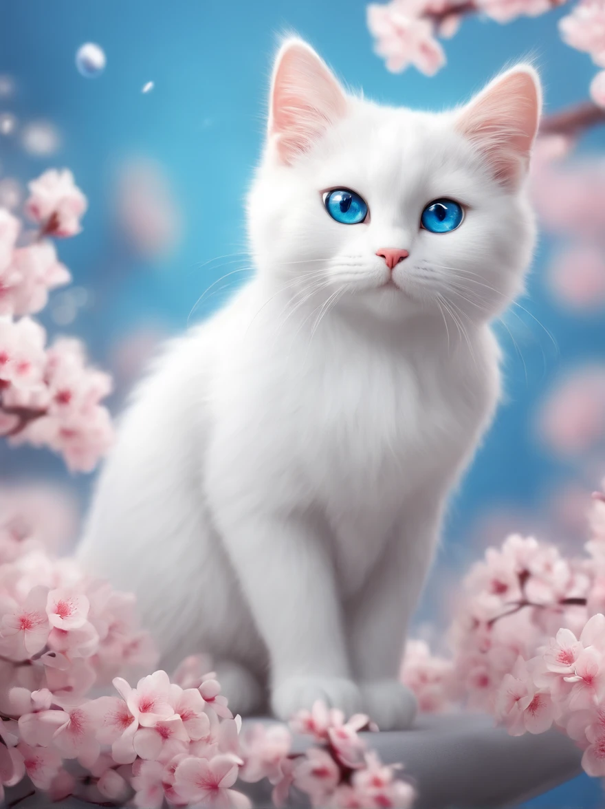 Cute little surreal pure white cat, blue eyes, chibi, adorable super fluffy, logo design, comic, cinematic lighting effects, attractive 3D vector art, Cute and quirky fantasy art, bokeh, hand painted, digital painting, illuminated by soft, Isometric style, 4K, photorealistic rendering, highly detailed clean, vector images, a photorealistic masterpiece, professional photos, simple space background, flat white graduated background, isometric, vibrant vector, cherry blossom background