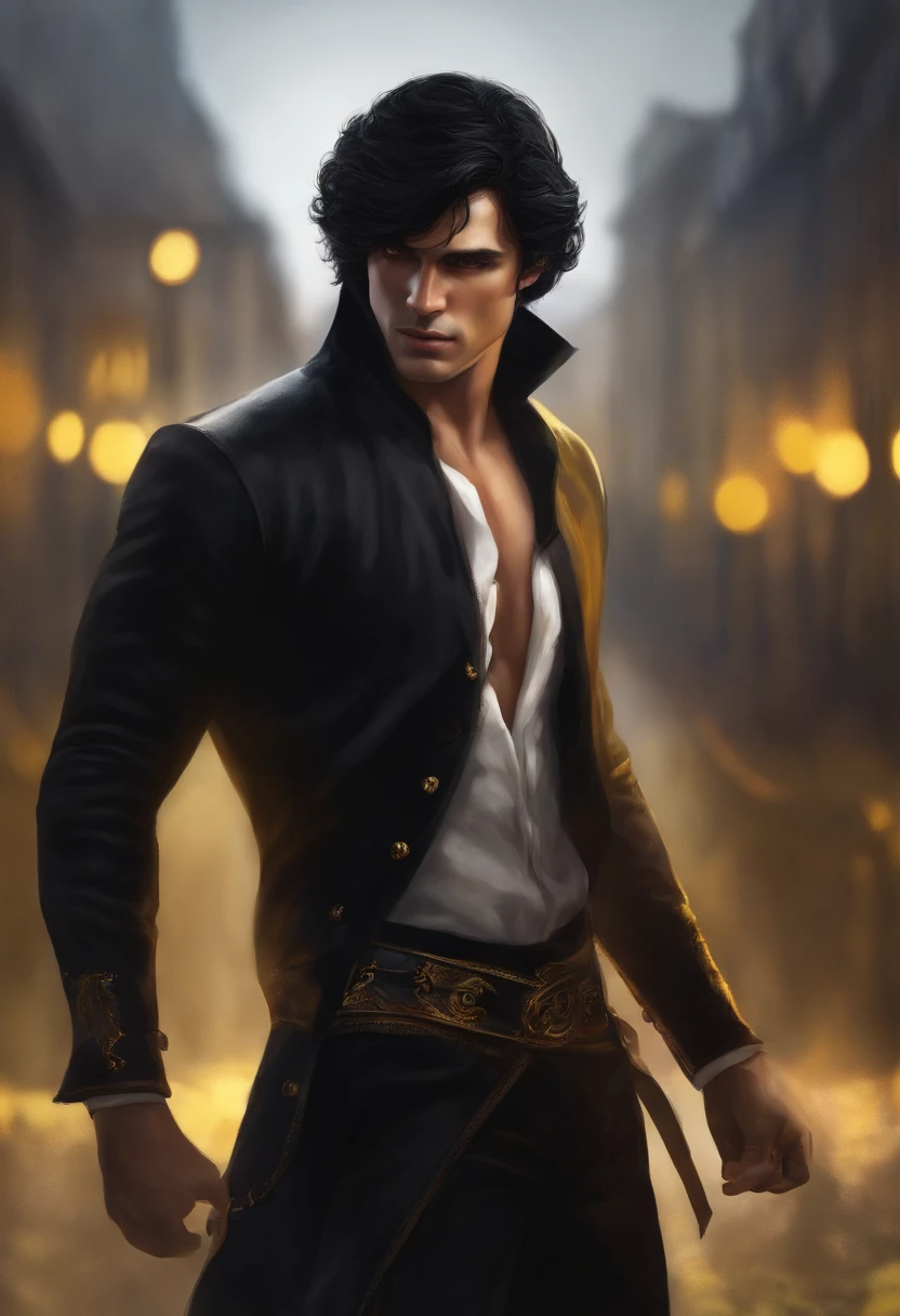 Realistic Human , black hair , yellow eyes , black clothing , with tentackles coming from his back