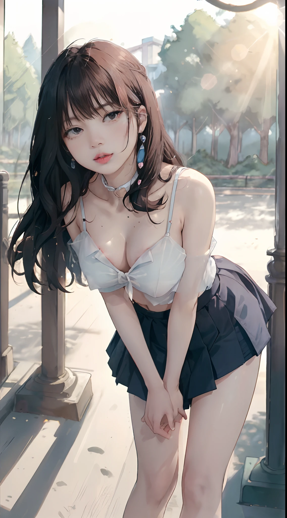 ((Lisa Blackpink)), spaghetti strap blouse, hard nipples, tiny blue pleated skirt, no panties, black high heels, leaning forward, close breasts, very light skin, very long hair, wavy hair, forest, sunrise, photorealistic, indirect lighting, volumetric light, ray tracing, hyper-detailed, best quality, ultra-high resolution, HDR, 8k