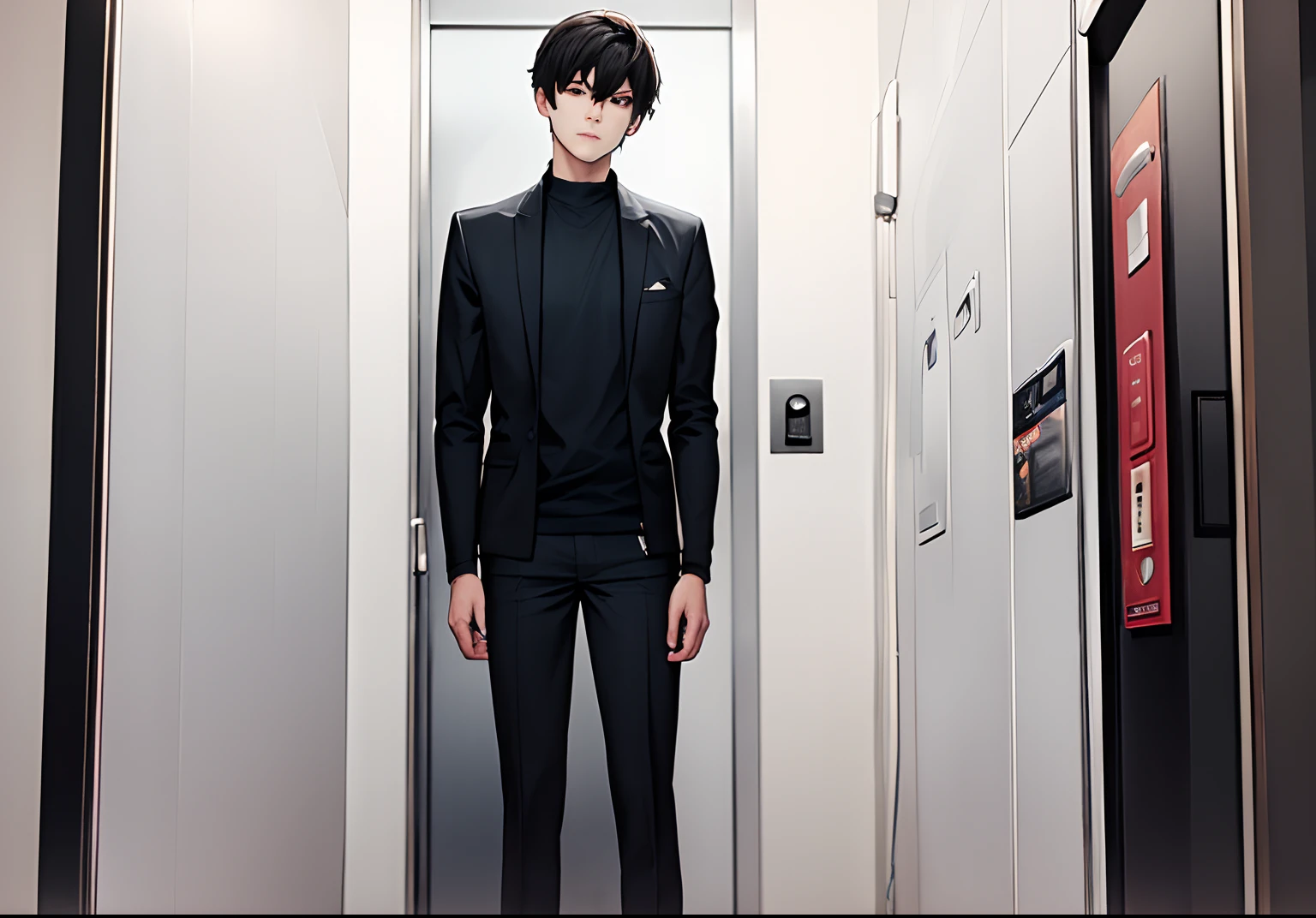 ((Masterpiece)), ((Best quality)), ((A high resolution)), ((finedetail)),cool guy，Sad expression，Full body photo，In the elevator