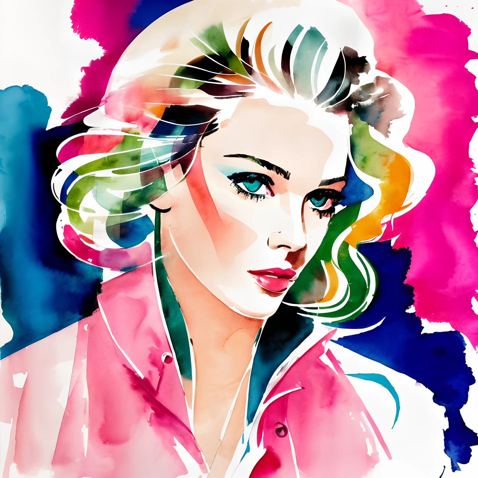 David downton fashion illustration, watercolor drawing, blonde woman, thin hair, pink coat, elegant, street, blue, green, beige, natural gentle colors, starry night
