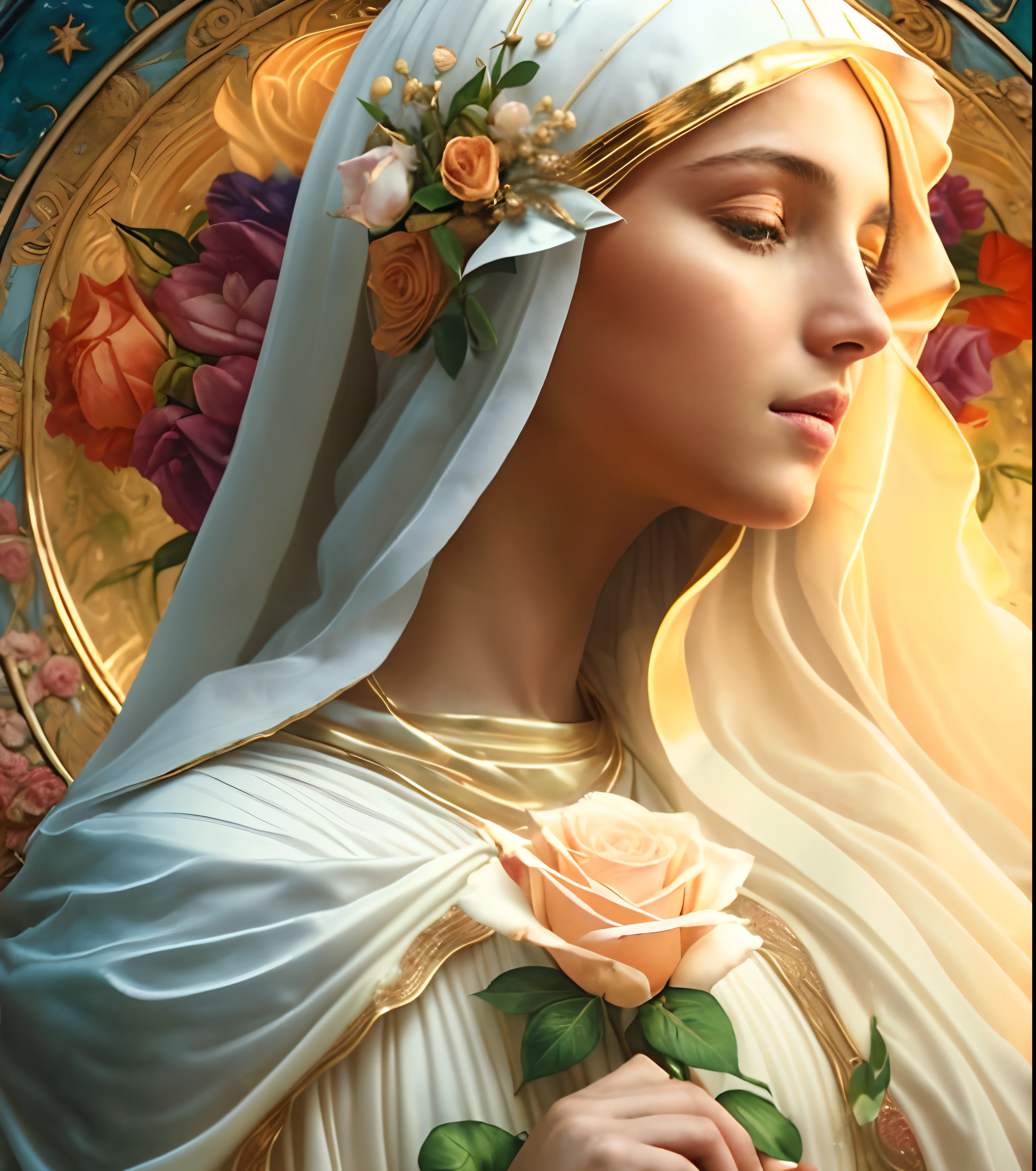 (((Blessed Virgin Mary. 19 years old))) ((( Con una cara seria y piadosa. Con una mirada dulce y tierna))) (obra maestra, calidad superior, mejor calidad, arte oficial, beautiful and aesthetic: 1.2), (1girl), extremadamente detallado, (Arte fractal: 1.3), colorido, highest detailed, Cara perfecta, parte superior del cuerpo, HDR, (orando: 1.3), (golden lines of white coat: 1.2), galaxia, (rayas de luz), eye-catching visuals, (dynamic stripes, senderos luminosos: 1.2), colores vibrantes,