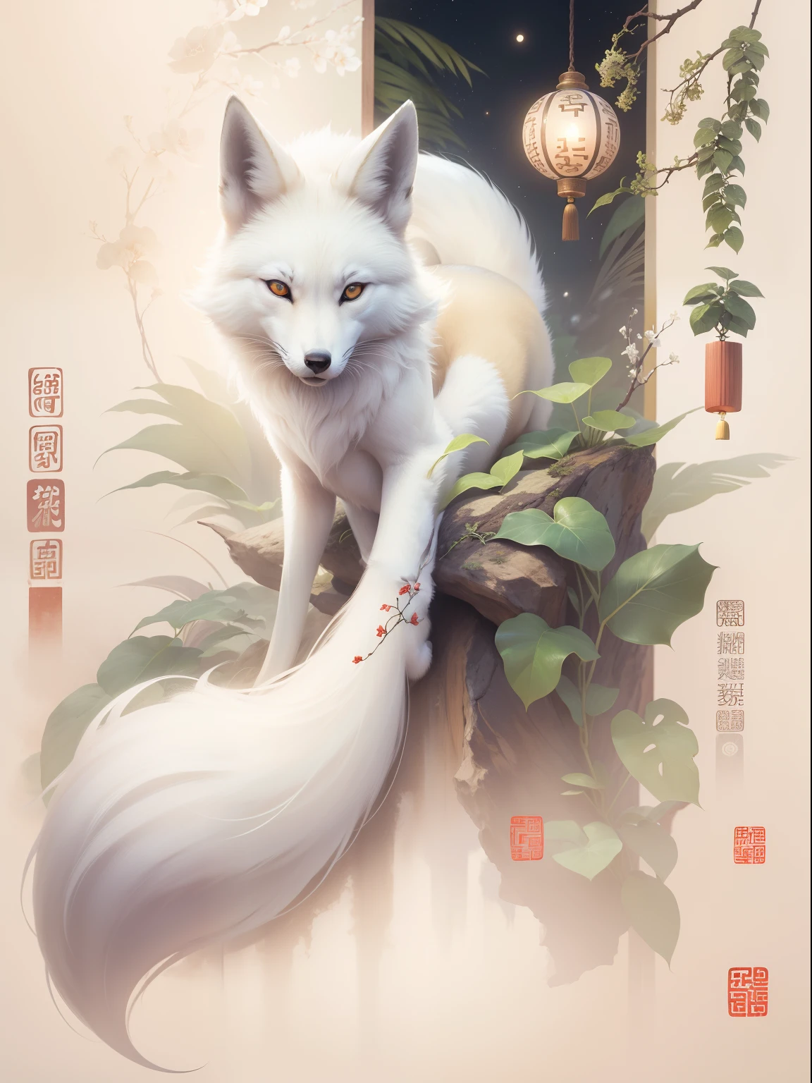 Chinese Mythology Art，Mountain and sea sutra style，Ink painting blooming，watercolor illustration，Western Regions，Super gorgeous details，Warm color aesthetic light source，arctic fox，lotus，Clouds，ribbon，Light painting rendering，blurry and mottled，HD，16k，best quality