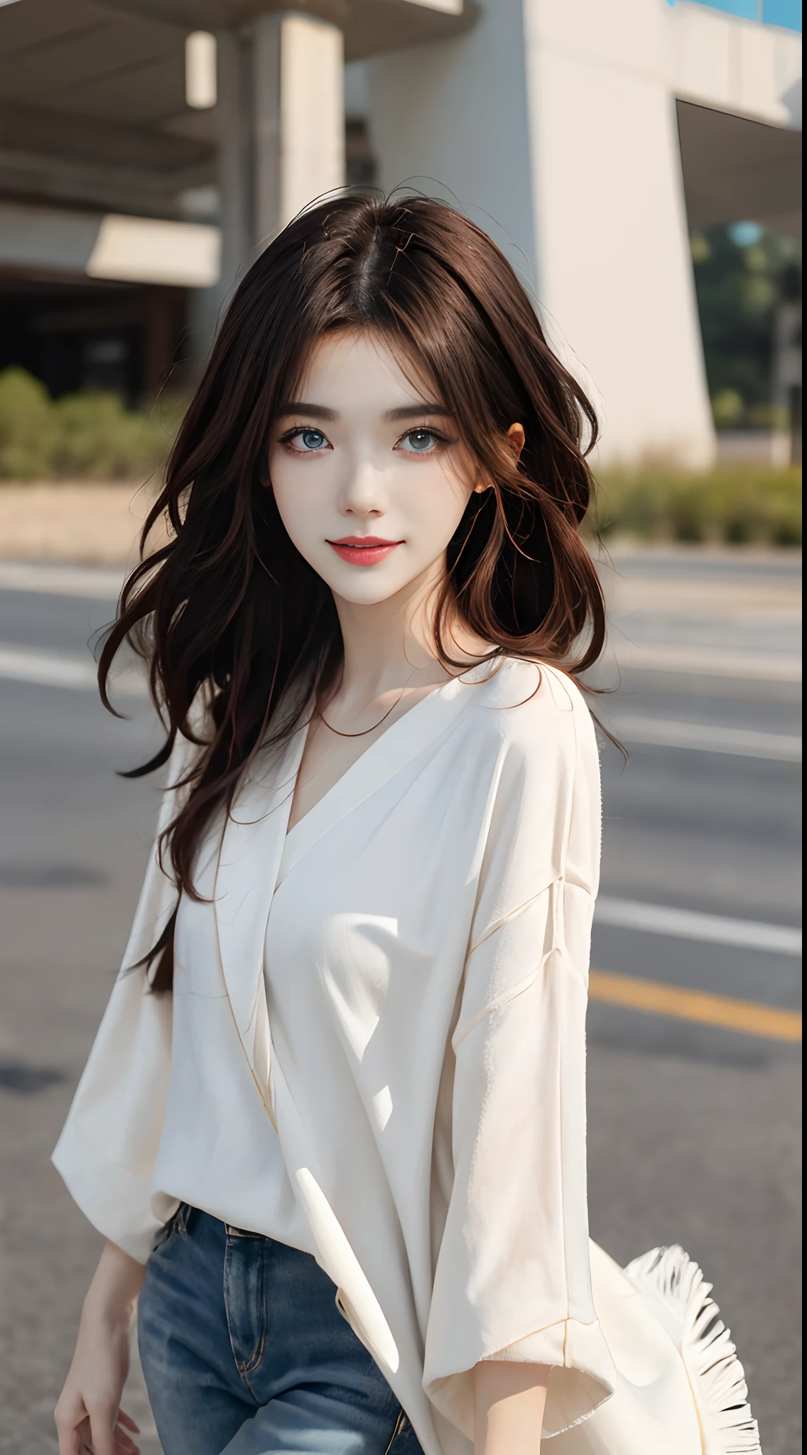 ((4K works))、masterpiece、(top-quality)、1 beutiful girl、Slim body、tall、((Attractive casual clothes in black and white))、(Detailed beautiful eyes)、Take a selfie on a fashionable highway at night、((Face similar to Carly Rae Jepsen))、((Long boyish red hair))、((Smaller face))、((Neutral face))、((Bright blue eyes))、((American adult women))、((Adult female 26 years old))、((cool lady))、((Like a celebrity))、((Smiling expression))、((Korean Makeup))、((elongated and sharp eyes))、((Happy dating))、((boyish))、((She's walking far away))、Professional Photos