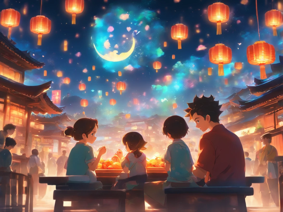 Mid-Autumn Festival,A huge moon floated over the city,The family sits together eating mooncakes,Mom and dad laugh with the kids,Have in the living room、Bright house scene,Stars shine,Colorful,KIDS ILLUSTRATION,Glow effect,Dingdall effect,depth of fields,Highlight,Real light,Ray traching,oc rendered,Hyper-realistic,best qualtiy,8K,Works of masters,super-fine,Detailed pubic hair,Correct anatomy,sharp focus on eyes,Bokeh,Carefully drawn facial features,Mother,Make mooncakes,The lantern glows