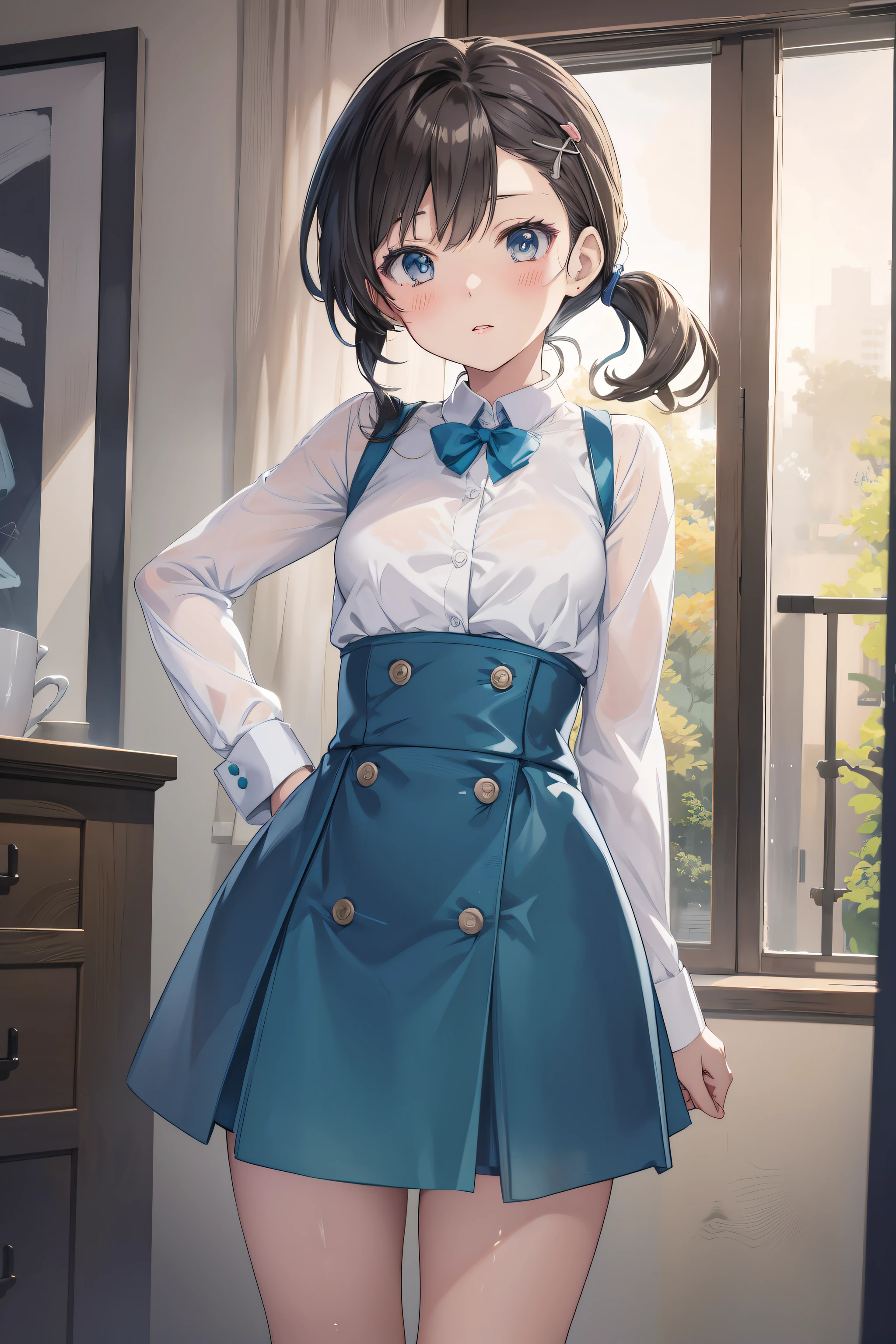 Anime girl in blue skirt and white shirt poses for photo, anime moe art style, Kantai Collection Style, marin kitagawa fanart, loli in dress, Smooth Anime CG Art, Cute anime waifu in a nice dress, painted in anime painter studio, made with anime painter studio, a hyperrealistic schoolgirl, high detailed official artwork, a hyperrealistic schoolgirl