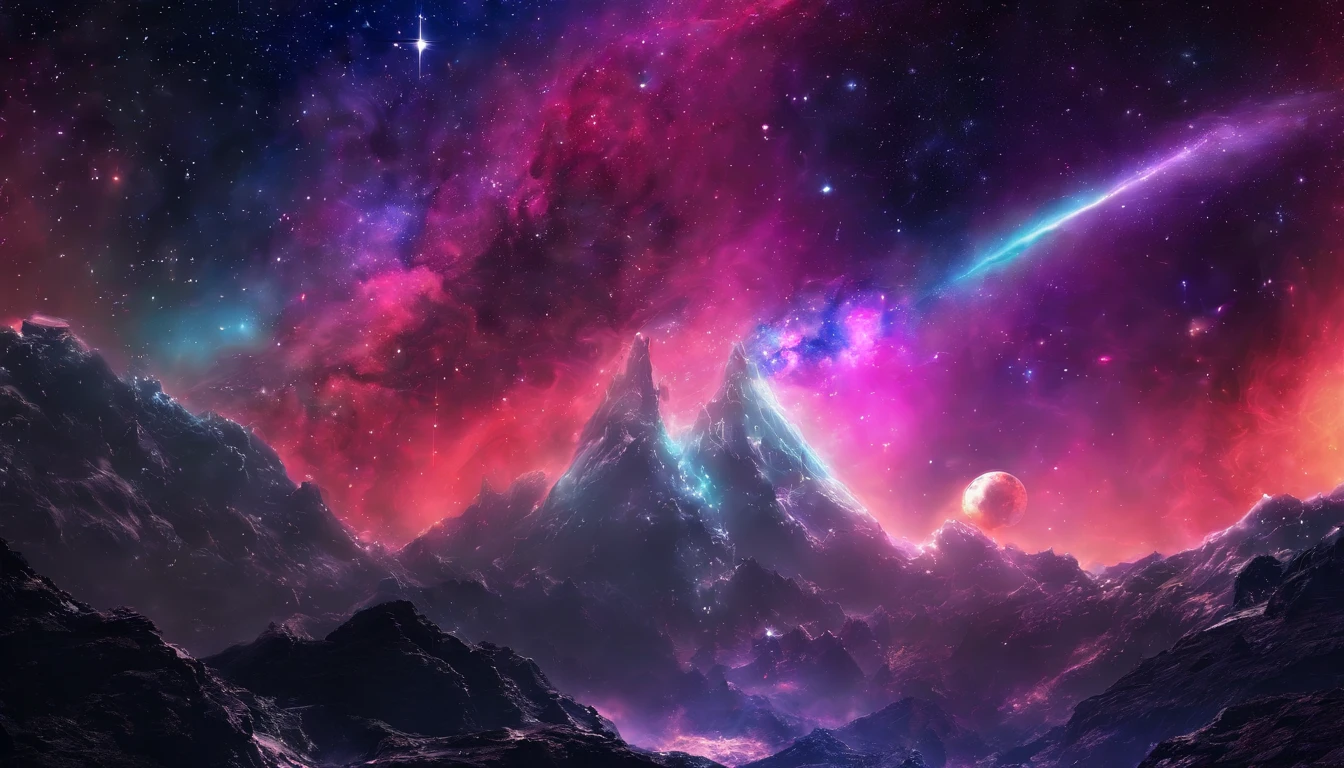 planeta marte, galaxia, nebulosa，Neon light, com fundo galaxias e lua，tmasterpiece，true restoration，aprimore os detalhes，Fujifilm XT3 Uma obra-prima de pintura realista，melhor qualidade，8k UHD，digital SLR camera