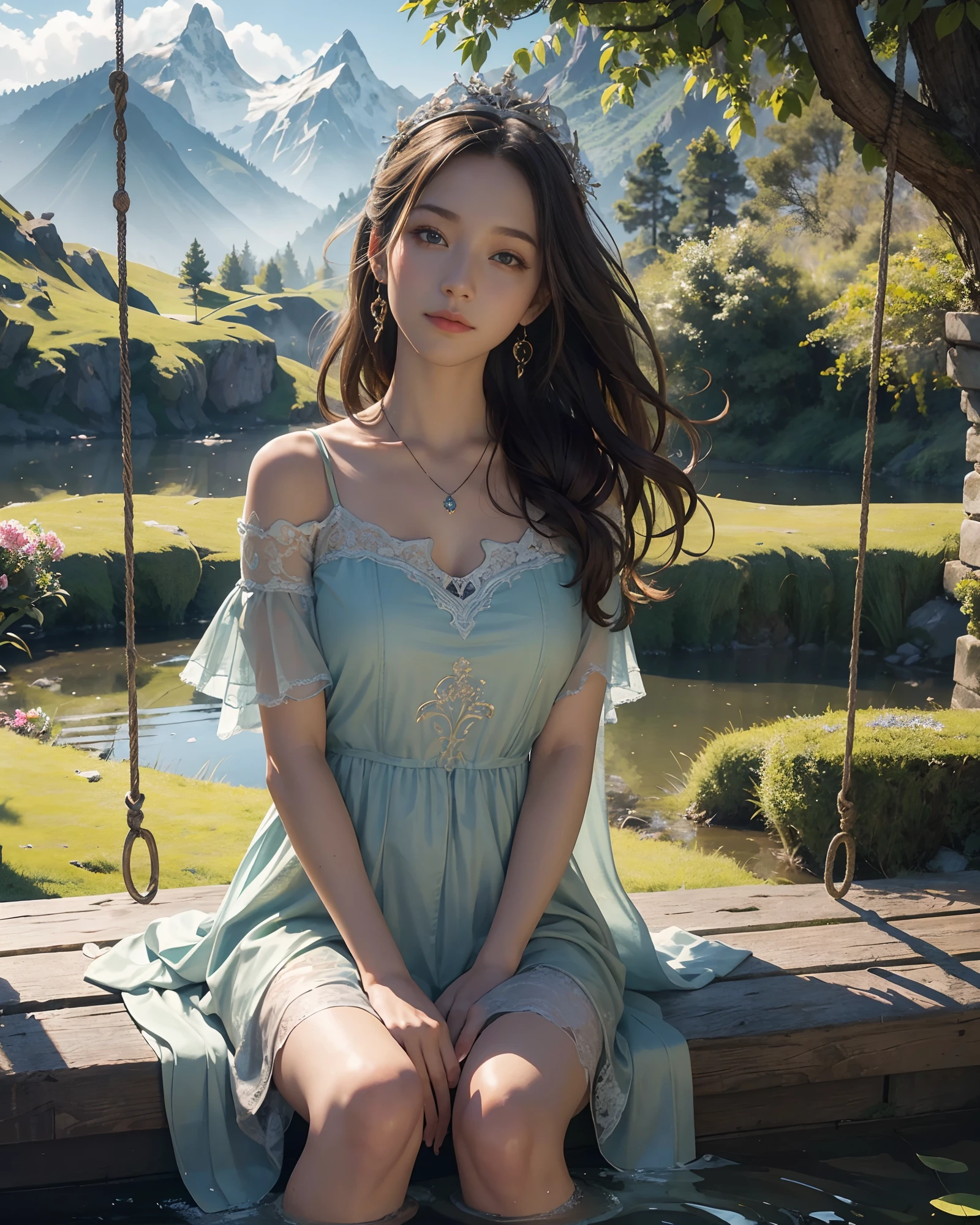 1 girl, masterpiece, best quality, best quality, Amazing, beautiful detailed eyes, finely detailed, depth of field, extremely detailed CG unity 8k wallpaper, fullbody, fantasy backdrop, intricate detail, depth of color, dramatic, side light, colorful background. beautiful detailed eyes, beautiful detailed scenery, vapor, censor, hair, censor, practical censor, beautiful view, looking at viewer, slight smile, blushing, and realistic emotion. In this exquisite masterpiece of the highest quality you will see a breathtaking scene of a lonely girl sitting on a swing in a lush green meadow. The splendor of nature envelops it: bright flowers adorn the land and high mountains form a majestic backdrop. A tranquil stream flows nearby, adding to the harmonious atmosphere. Captured from a distance, this highly detailed image offers an extremely realistic view that will immerse you in every minute of this tranquil environment. The brightness of the surroundings is a testament to the craftsmanship of the highest quality, making this a true work of art. Discover the intricate details and immerse yourself in the beauty of this idyllic moment in nature