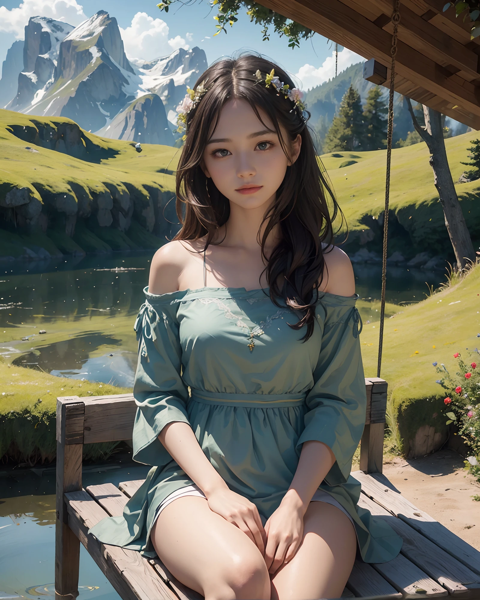 1 girl, masterpiece, best quality, best quality, Amazing, beautiful detailed eyes, finely detailed, depth of field, extremely detailed CG unity 8k wallpaper, fullbody, fantasy backdrop, intricate detail, depth of color, dramatic, side light, colorful background. beautiful detailed eyes, beautiful detailed scenery, vapor, censor, hair, censor, practical censor, beautiful view, looking at viewer, slight smile, blushing, and realistic emotion. In this exquisite masterpiece of the highest quality you will see a breathtaking scene of a lonely girl sitting on a swing in a lush green meadow. The splendor of nature envelops it: bright flowers adorn the land and high mountains form a majestic backdrop. A tranquil stream flows nearby, adding to the harmonious atmosphere. Captured from a distance, this highly detailed image offers an extremely realistic view that will immerse you in every minute of this tranquil environment. The brightness of the surroundings is a testament to the craftsmanship of the highest quality, making this a true work of art. Discover the intricate details and immerse yourself in the beauty of this idyllic moment in nature