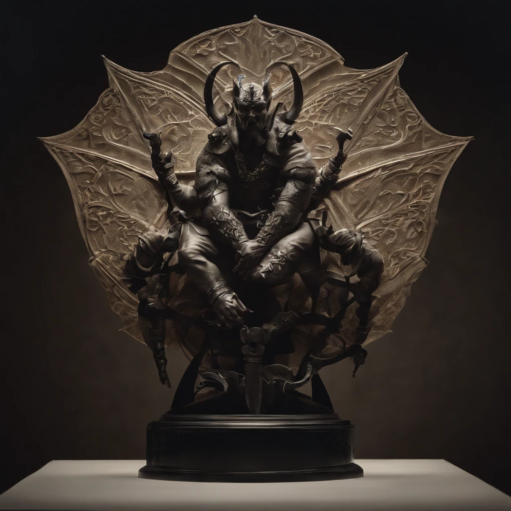 wide angle shot of a folding paper pop-up cutout of an demon, made from coloured card, , intricate, symmetrical, low angle view, white and stained iridescent colours, pure clean black background, misty volumetric light, moody dramatic lighting, cinematic, rays, devil