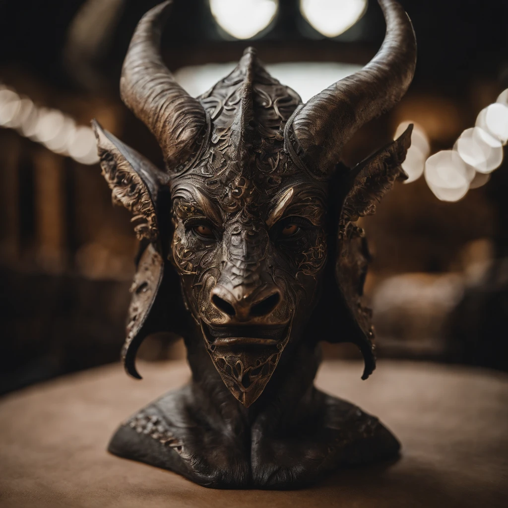 wide angle shot of a folding paper pop-up cutout of an demon, made from coloured card, , intricate, symmetrical, low angle view, white and stained iridescent colours, pure clean black background, misty volumetric light, moody dramatic lighting, cinematic, rays, devil
