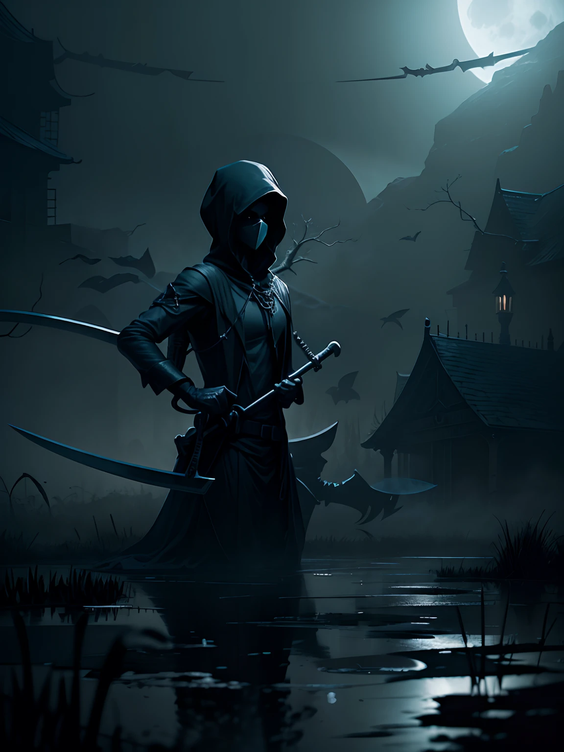 mysterious, hooded figure with a scythe, standing in a misty graveyard under a full moon. The figure should be shrouded in darkness, with only the eerie glow of their eyes and the blade of the scythe visible.”