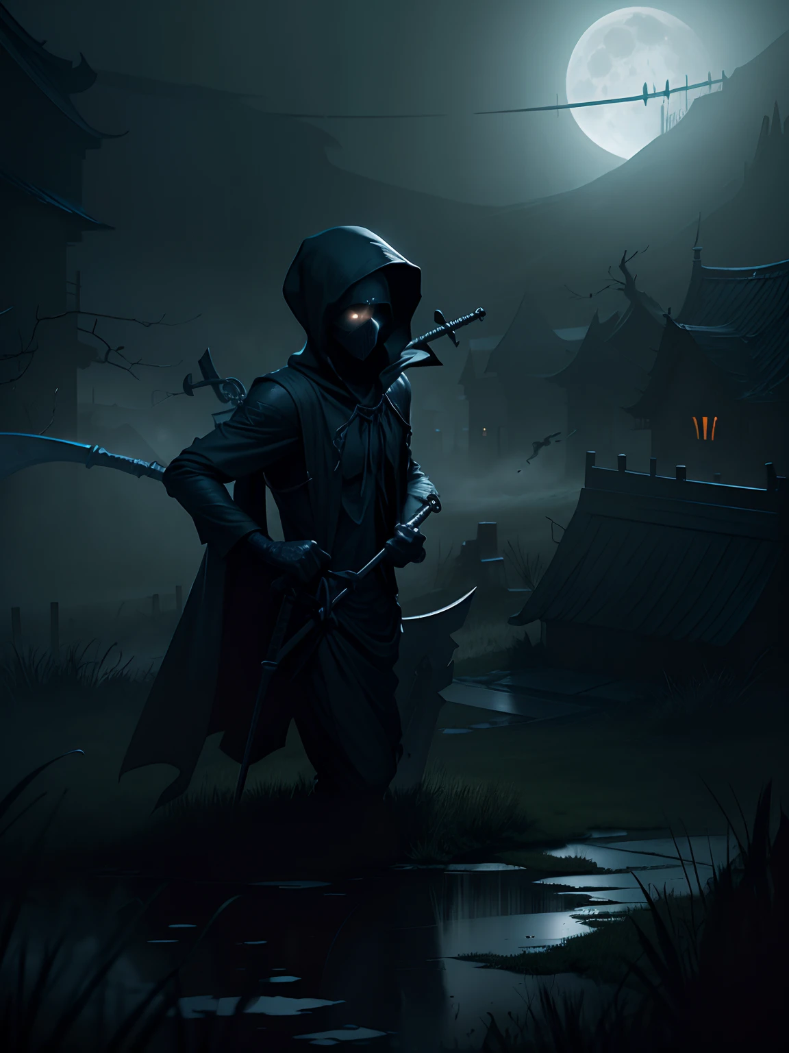 mysterious, hooded figure with a scythe, standing in a misty graveyard under a full moon. The figure should be shrouded in darkness, with only the eerie glow of their eyes and the blade of the scythe visible.”