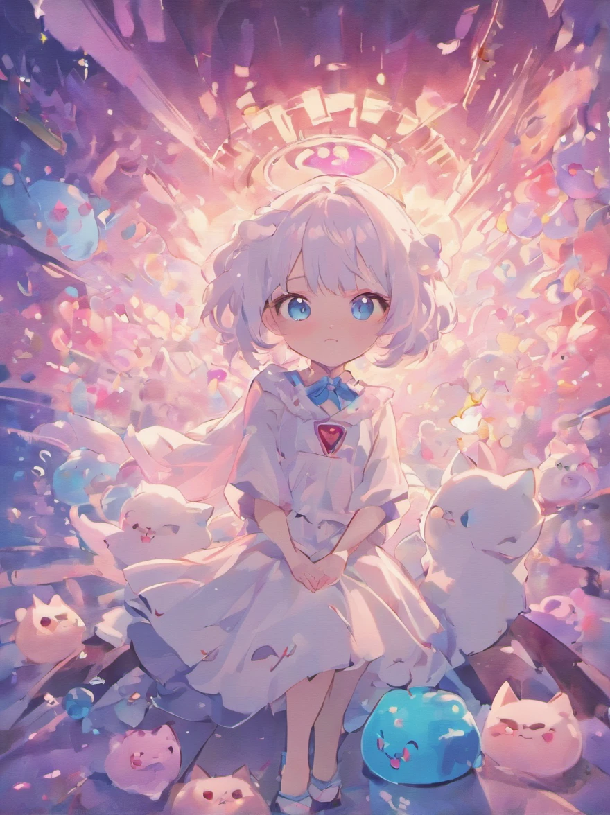 Cute little surreal pure white cat, blue eyes, chibi, adorable super fluffy, cinematic lighting effects, Cute and quirky fantasy art, bokeh, hand painted, digital painting, illuminated by soft, Isometric style, 4K, highly detailed clean, vector images, simple space background, radial pink graduated background, vibrant vector, cherry blossom background, wooden floor