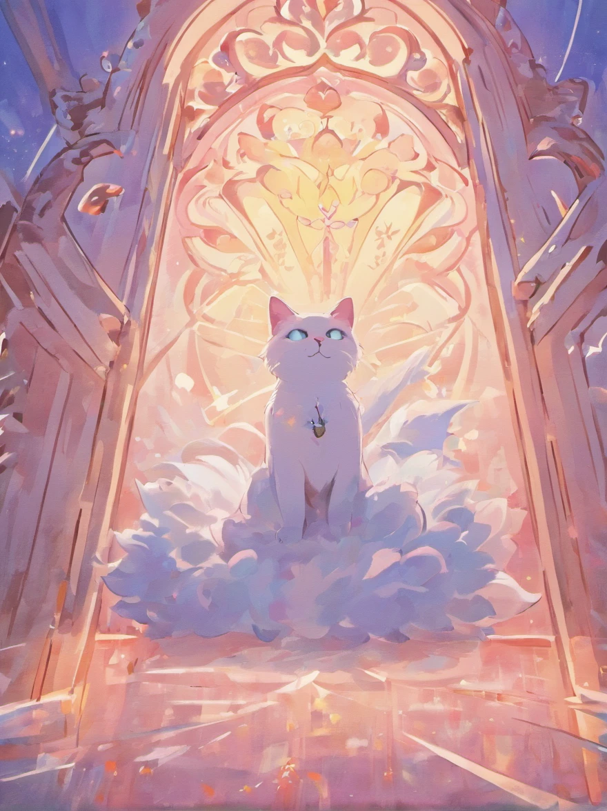 Cute little surreal pure white cat, blue eyes, chibi, adorable super fluffy, cinematic lighting effects, Cute and quirky fantasy art, bokeh, hand painted, digital painting, illuminated by soft, Isometric style, 4K, highly detailed clean, vector images, simple space background, radial pink graduated background, vibrant vector, cherry blossom background, wooden floor