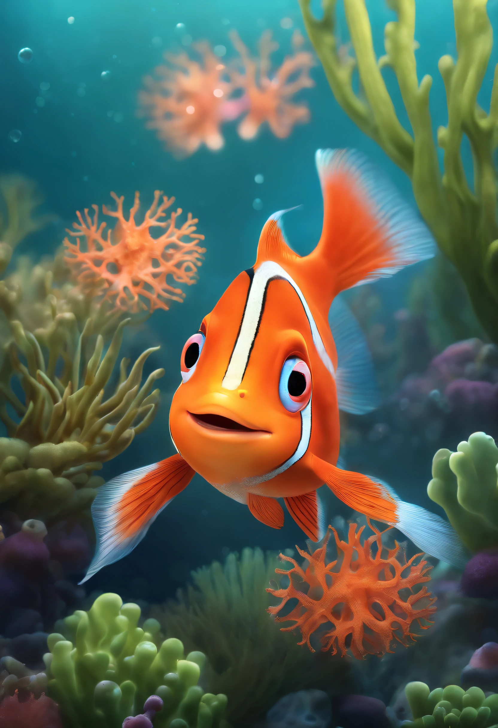 (best quality,ultra-detailed),cute,fish,adorable,round big eyes,contagious smile,animated,charming sea creature,vibrant colors,underwater world,aquarium,majestic fins,full of life,sparkling scales,playful movement,joyful expression,swimming gracefully,amazing water reflections,soft and smooth texture,delicate features,splashes of water,bubbles floating around,motion in stillness,gleaming eyes,happiness and cheerfulness,curiosity,blissful atmosphere,beautifully surreal,pure delight,harmonious composition,brilliantly colored corals,peaceful and serene environment,gentle rays of sunlight penetrating the water,breathtakingly realistic,mesmerizing,meticulous details,enchanting fantasy,imagination come to life.