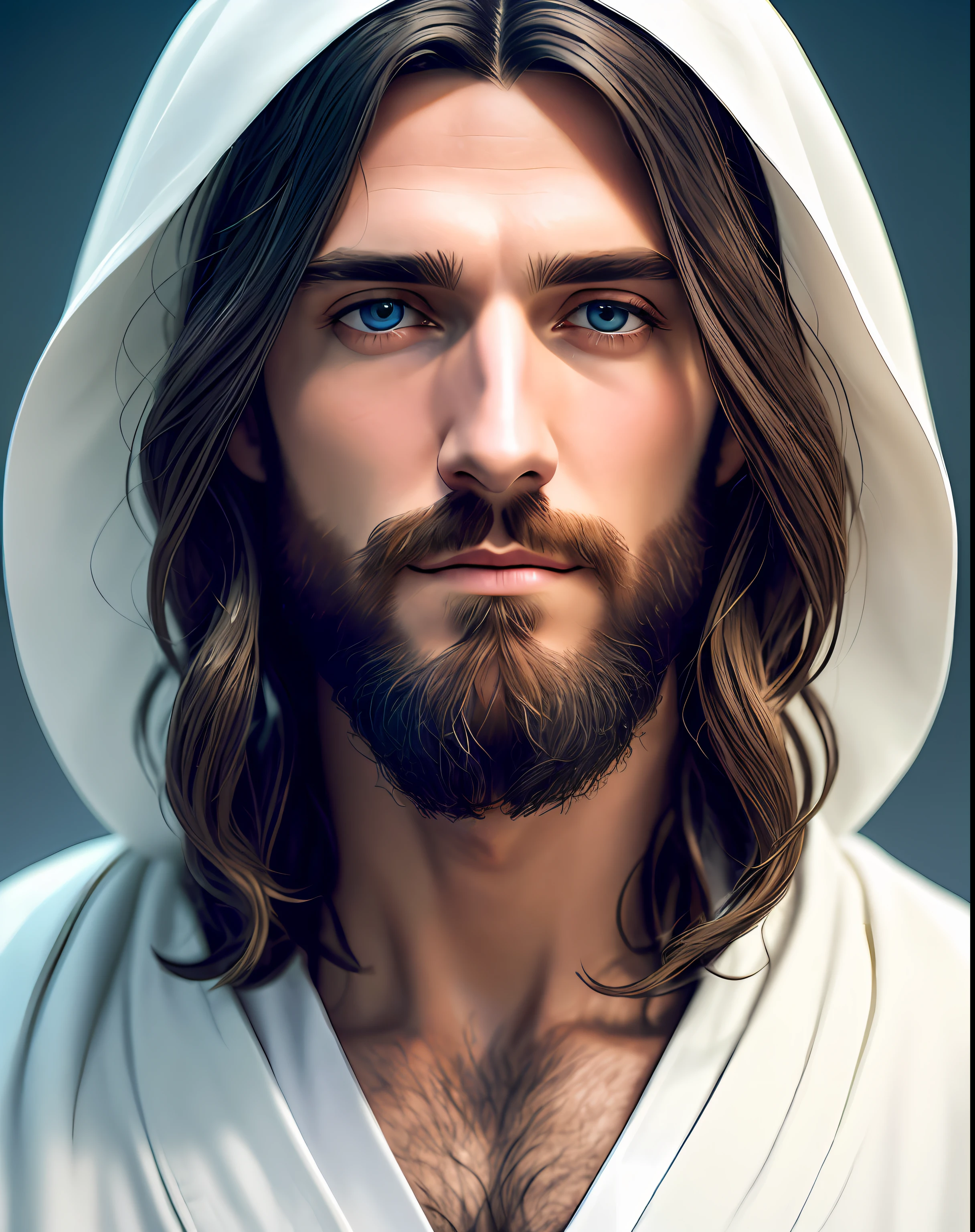 (symmetry),centered,a ((close)) up portrait,(Jesus),a very thin white man with long hair and a beard,wearing a long white robe,35mm,natural skin,clothes  detail, 8k texture, 8k, insane details, intricate details, hyperdetailedhighly detailed,realistic,soft cinematic light,HDR,sharp focus, ((((cinematic look)))),intricate, elegant, highly detailed