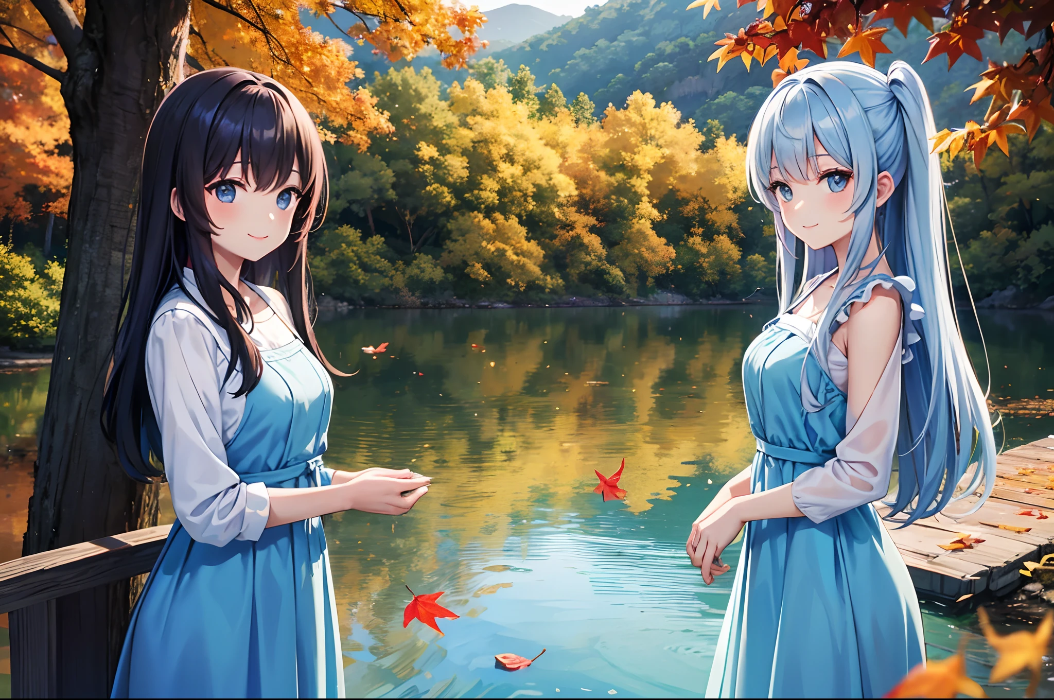 Lake of autumn leaves evening Beautiful girl standing by the lake Light blue long hair Twin-tailed Bright dresses A charming smile Face Highlights