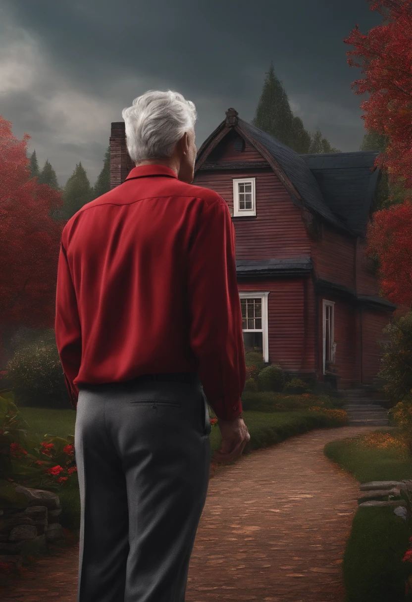 Human , grey hair , smiling, red clothes ,little house pin on the clothes, black shoes, holding a card , standing infront of a house .
