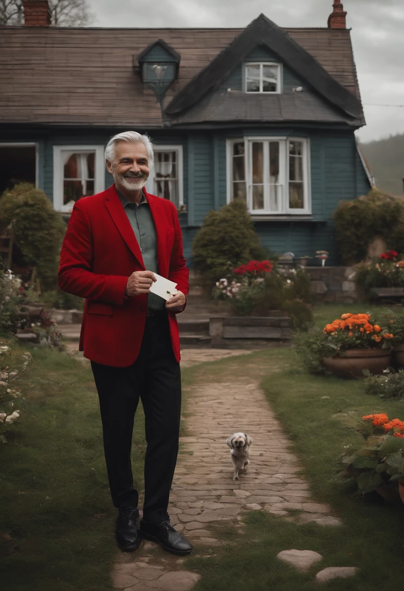 Human , grey hair , smiling, red clothes ,little house pin on the clothes, black shoes, holding a card , standing infront of a house .