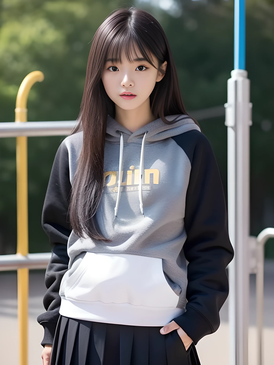 年轻,(pleatedskirt),Fleece Hoodie,teens girl,Delicate body,petite body,Delicate body,small tits,tiny chest,Short,A dark-haired,Very Longhair,An amusement park,tthin eyebrows