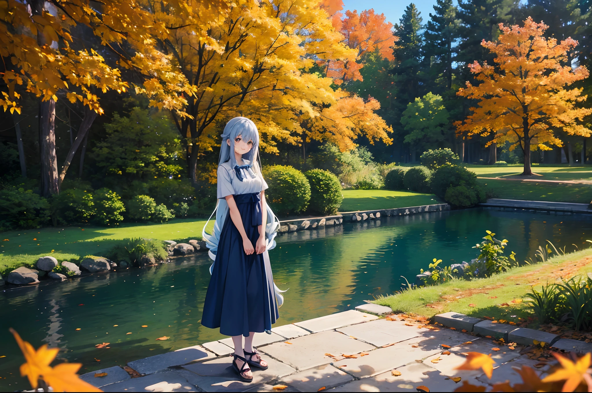 Lake of autumn leaves　evening　Beautiful girl standing by the lake　Light blue long hair　Twin-tailed　Bright dresses　A charming smile　Face Highlights