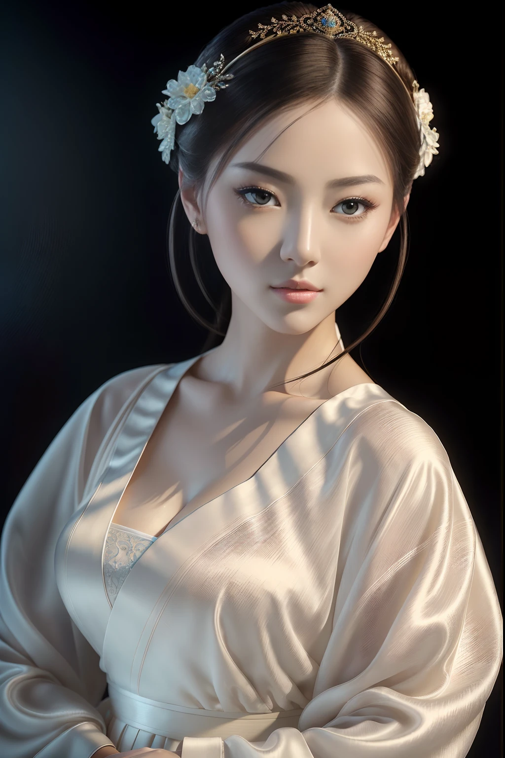 (A high resolution, Masterpiece:1.2),Ultra-detailed,Realistic painting,Vivid colors,Studio lighting,professional,Portrait,Impressive brushstrokes,Meticulous details,Perfectcomposition,Subtle shadows,Smooth texture,striking colors,Exquisite craftsmanship,Polished artwork,Perfect execution,Perfect image,Impressive realism,The use of light and shadow is exquisite,Immersion depth,Real performance,Majestic beauty,Refined artistry,Immaculate presentation,An unforgettable masterpiece,A mesmerizing art experience,Unmatched attention to detail,Perfectly captures the essence of the theme,breathtaking realistic,Exquisite lighting effects,Awesome realism,Unmatched level of sophistication,Stunning realistic textures,Striking visual impact,Impeccable realism,Sexy girl in white hanfu,Combine rabbit elements,Exquisite facial features