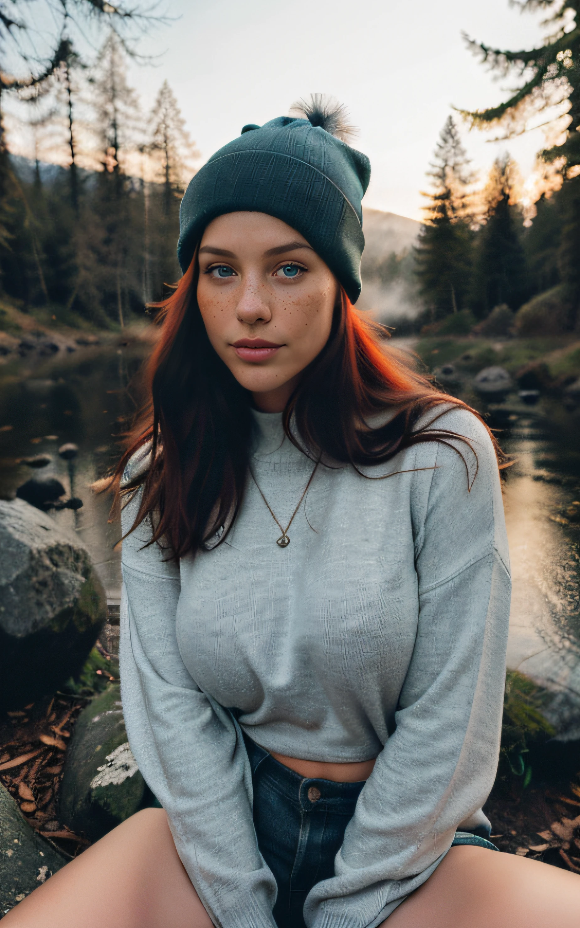 Zoom out, from head to knees, Create an exceptionally realistic image of a captivating 20-year-old influencer named Morrigan Arshavin, large breast, with natural red hair, freckles, blue eyes, and delicate features. The focus should be on capturing the intricate details of their hair, freckles, and the subtle nuances of their facial expression, while ensuring their large breasts are elegantly emphasized within the context of the shot, all while maintaining a perfect and super-realistic quality. Photorealistic, Best Quality, Hyper Detailed, Beautiful woman, selfie photo, Upper body, Solo, wearing pullover, Outdoors, (Night), mountainscape, The nature of real life, Stars, Moon, (Outstanding smile, Cheerful, Happy), Beanie, flash lights, forest, boulders, River, Wood, Smoke, Fog, crystal clear skies, analog style, Looking at Viewer, Skin Texture, Film grain, close up, 超A high resolution, Best Shadow, raw, Instagram LUT.