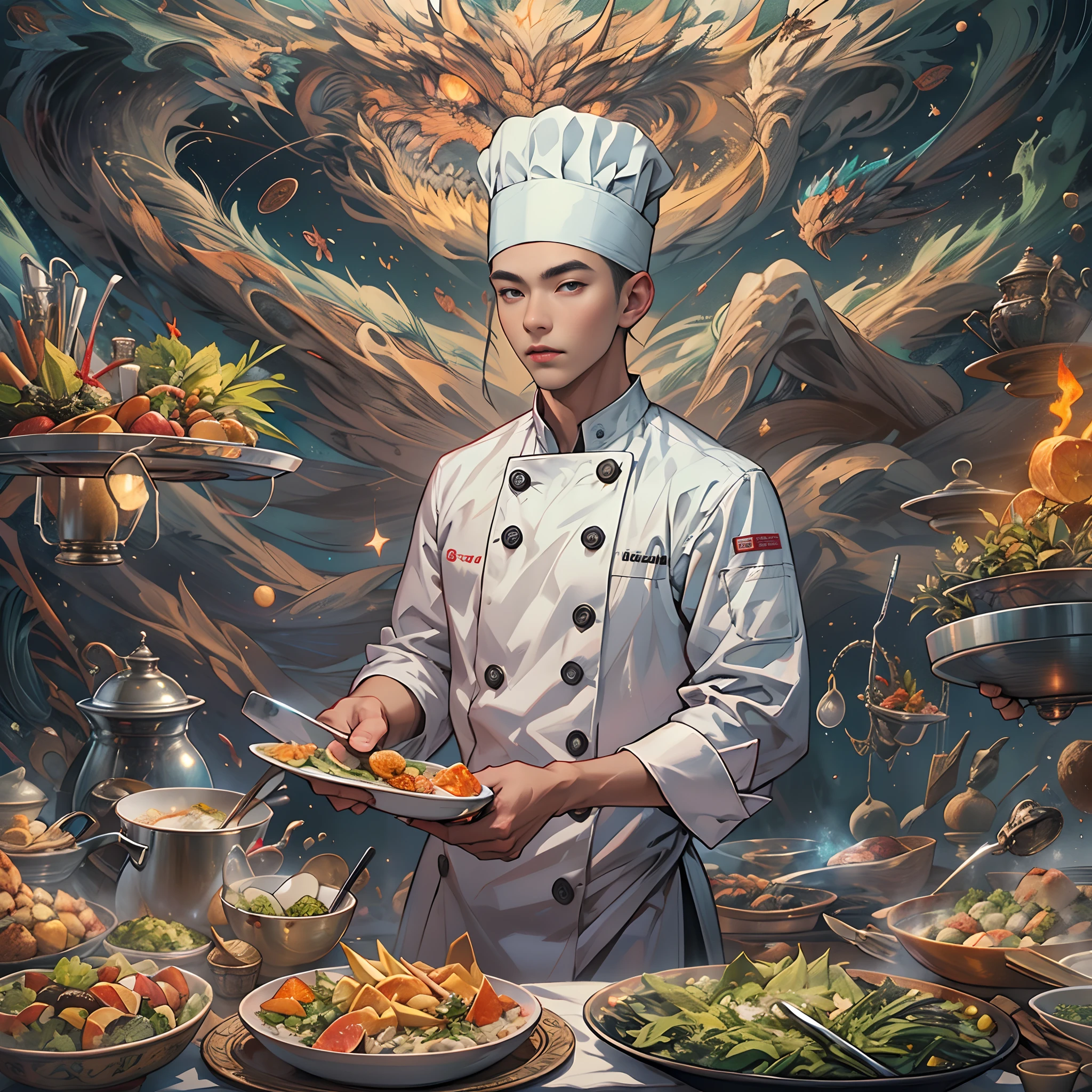 A tall and handsome young chef,Stand on the edge of the dream space, eyes glowing, green apron, Surreal scenes filled with symbols and patterns of various skills, ,in the style of the stars art group xing xing, 32K, Best quality, Masterpiece, Super detail, High details,