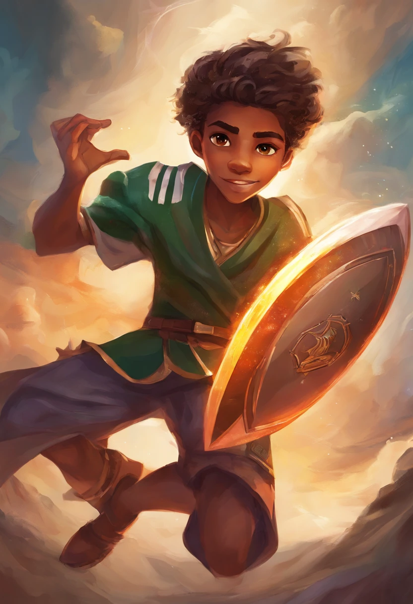 Desenhe Henrique, The protagonist of the story. He's a -yeld ki messy brown hair and expressive eyes. Use your imagination to portray your passion for football. He's wearing a football uniform, com uma bola ao lado, and a smile of determination on his face. Be sure to capture your friendly and enthusiastic personality