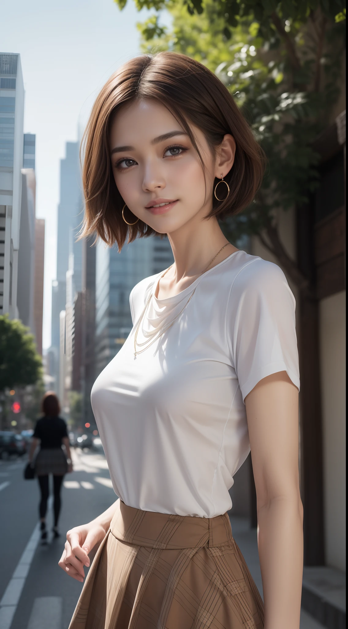 8k, masterpiece, RAW photo, best quality, photorealistic, extremely detailed CG unity 8k wallpaper, Depth of field, Cinematic Light, Lens Flare, Ray tracing, (extremely beautiful face, beautiful lips, beautiful eyes), intricate detail face, ((ultra detailed skin)) 1girl, in the dark, deep shadow, pretty Asian girl, idol, 1 girl, (very slim slender fit-muscled body:1.3), ((looking at viewer)),(big smile:1.3), ((white color blouse)), (short sleeve) , (daylight big buildings, tree, cars, (blurred background) cityscape, rooftops, beautiful earrings, clear eyes, (pale skin), (big eyes), face forward, (brown hairs),((plaid skirt)), (looking at viewer:1.3), open breast, (very slim), medium breasts, (camel toe), short hair