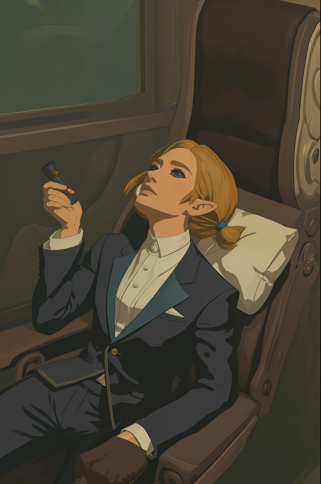 elegant elegance formal clean posh dark open business suit sultry seduction head tilt leaning back recline botw style